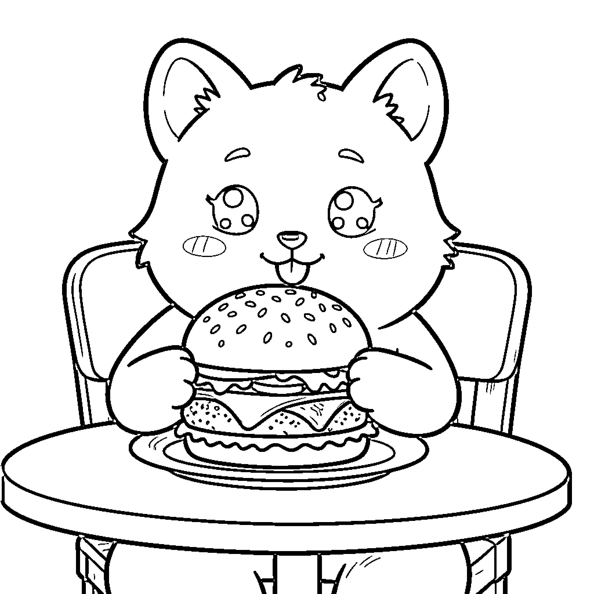 Cat enjoying a delicious hamburger Coloring Page (free black-and-white line drawing printable PDF for all, from beginners to advanced learners, including children, teens, adults, and seniors)