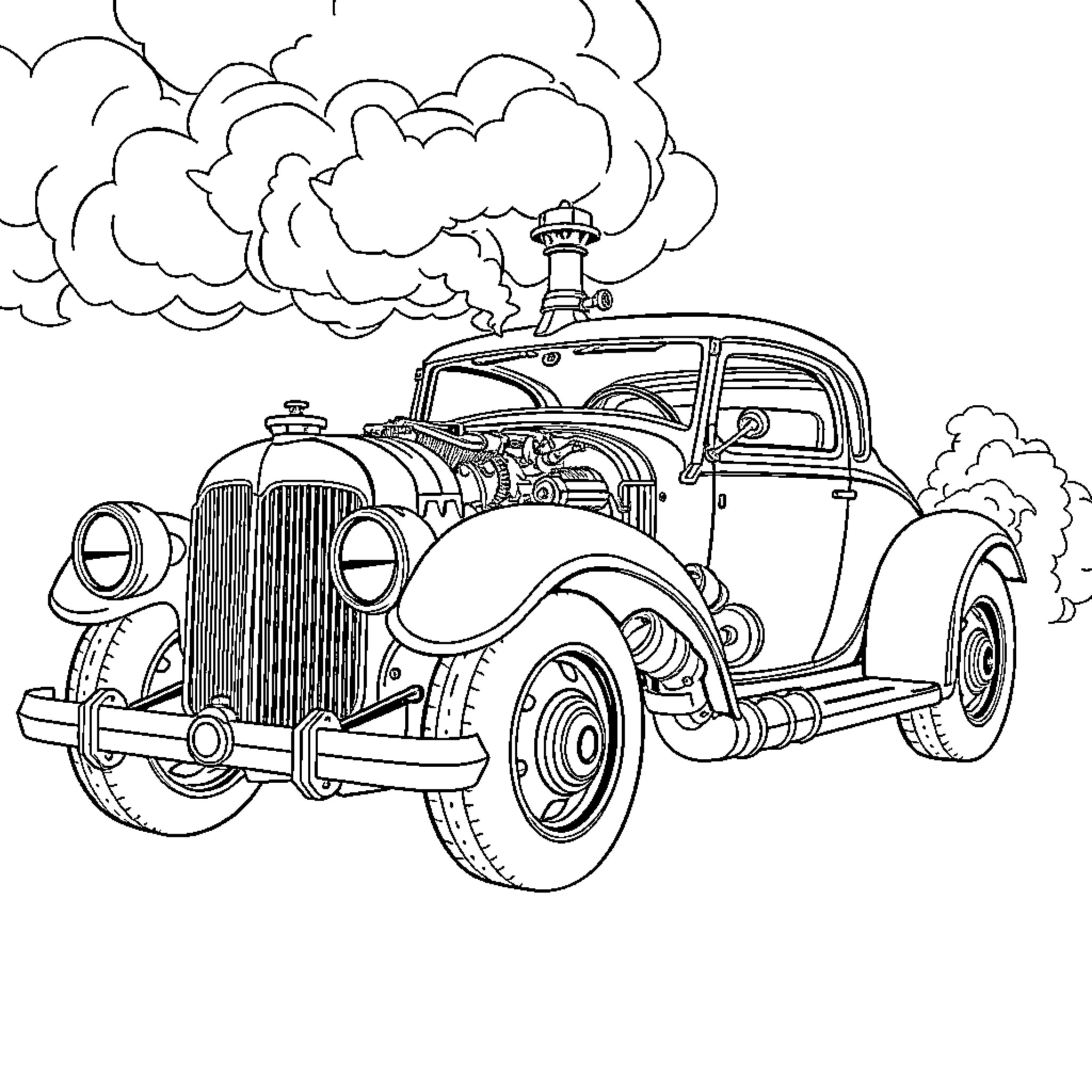 Steampunk Car Racing through Clouds of Smoke Coloring Page (free black-and-white line drawing printable PDF for all, from beginners to advanced learners, including children, teens, adults, and seniors)