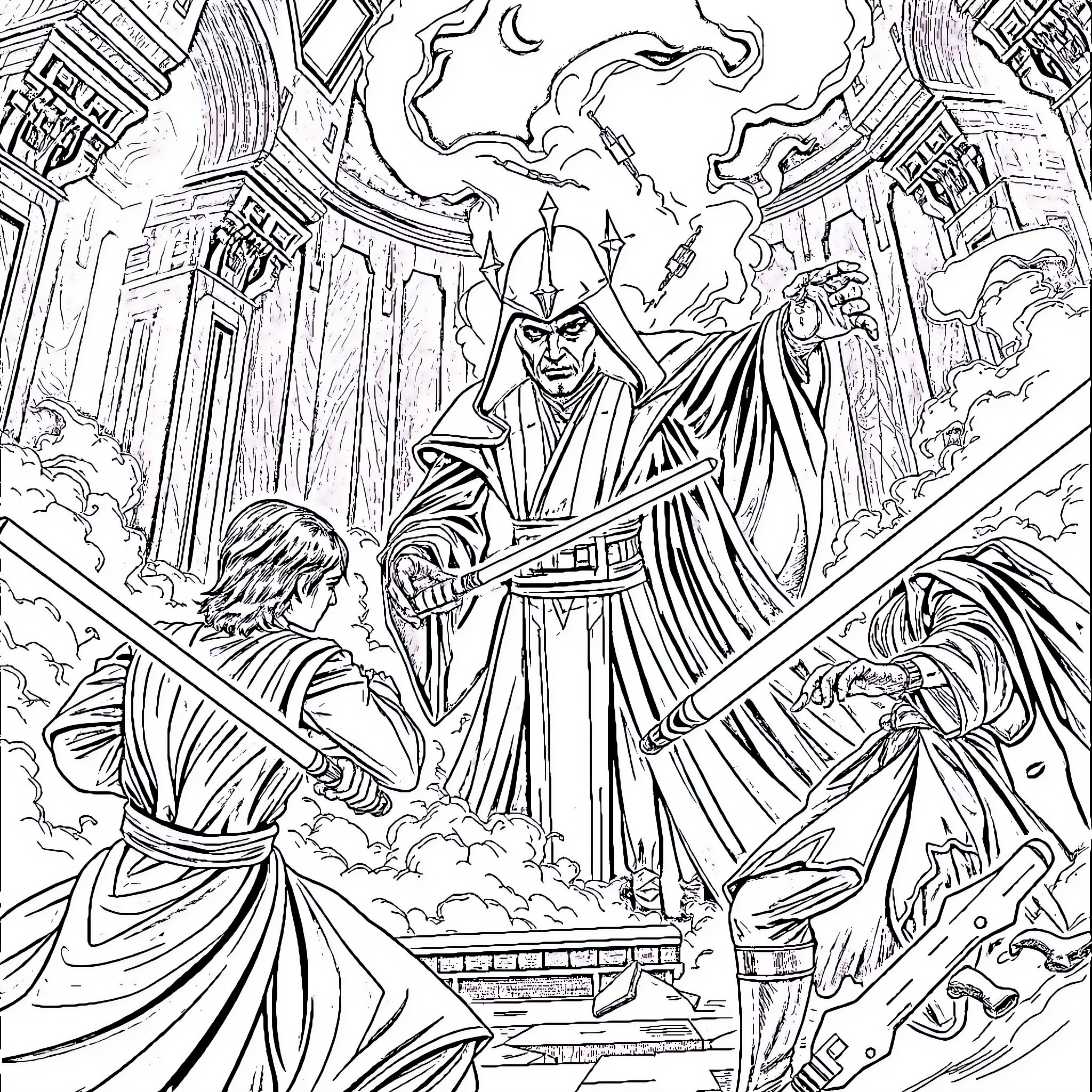 Anakin Skywalker battles with Obi-Wan Kenobi in dramatic confrontation Coloring Page (free black-and-white line drawing printable PDF for all, from beginners to advanced learners, including children, teens, adults, and seniors)