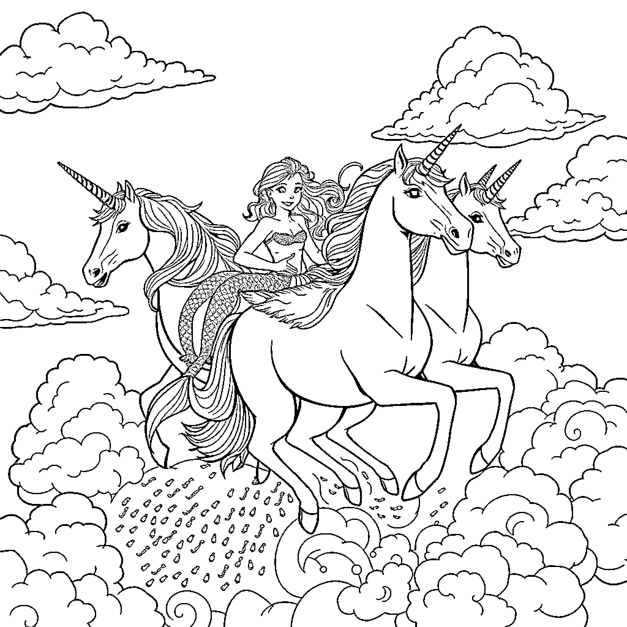 Mermaid riding unicorns through the clouds Coloring Page (free black-and-white line drawing printable PDF for all, from beginners to advanced learners, including children, teens, adults, and seniors)