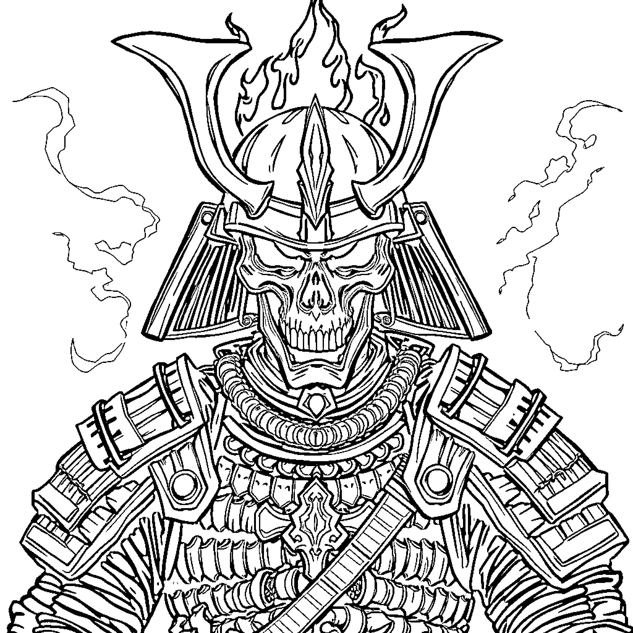 Skull of a Fierce Samurai Warrior Coloring Page (free black-and-white line drawing printable PDF for all, from beginners to advanced learners, including children, teens, adults, and seniors)