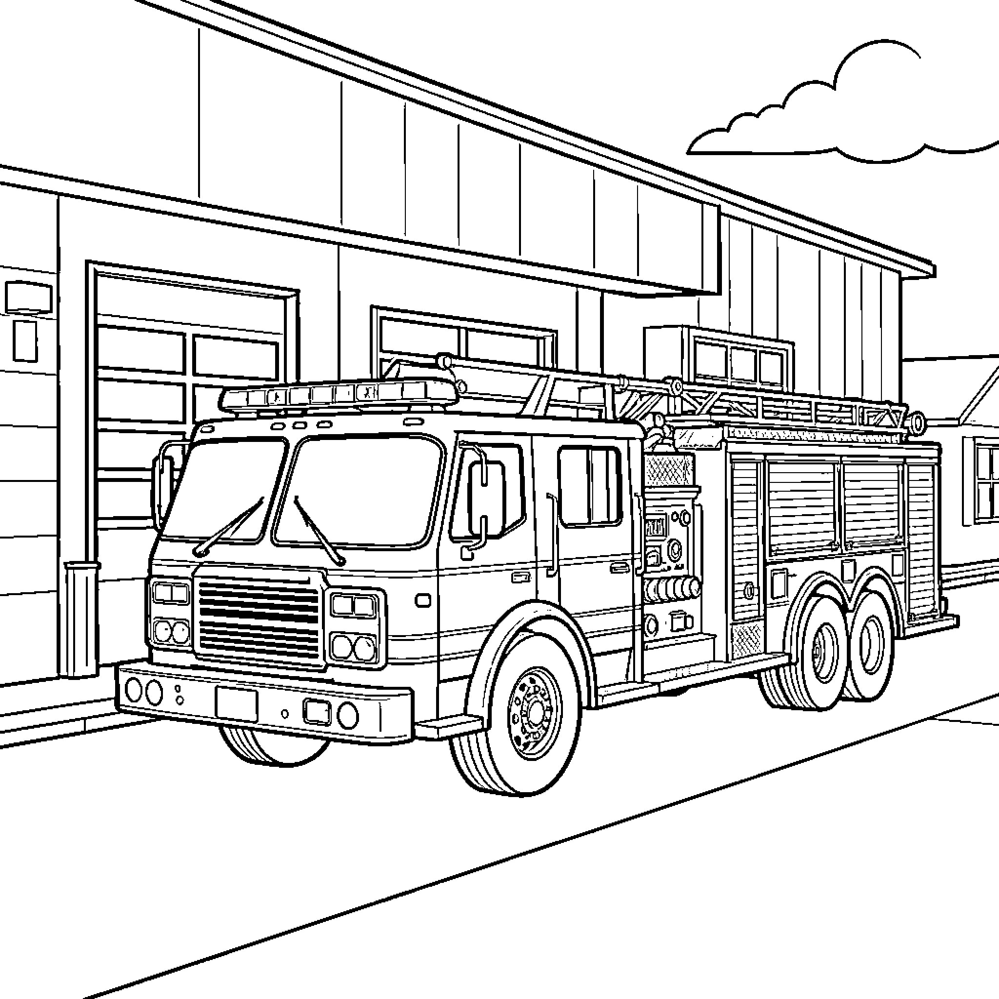 Fire Truck parked outside of a station building Coloring Page (free black-and-white line drawing printable PDF for all, from beginners to advanced learners, including children, teens, adults, and seniors)