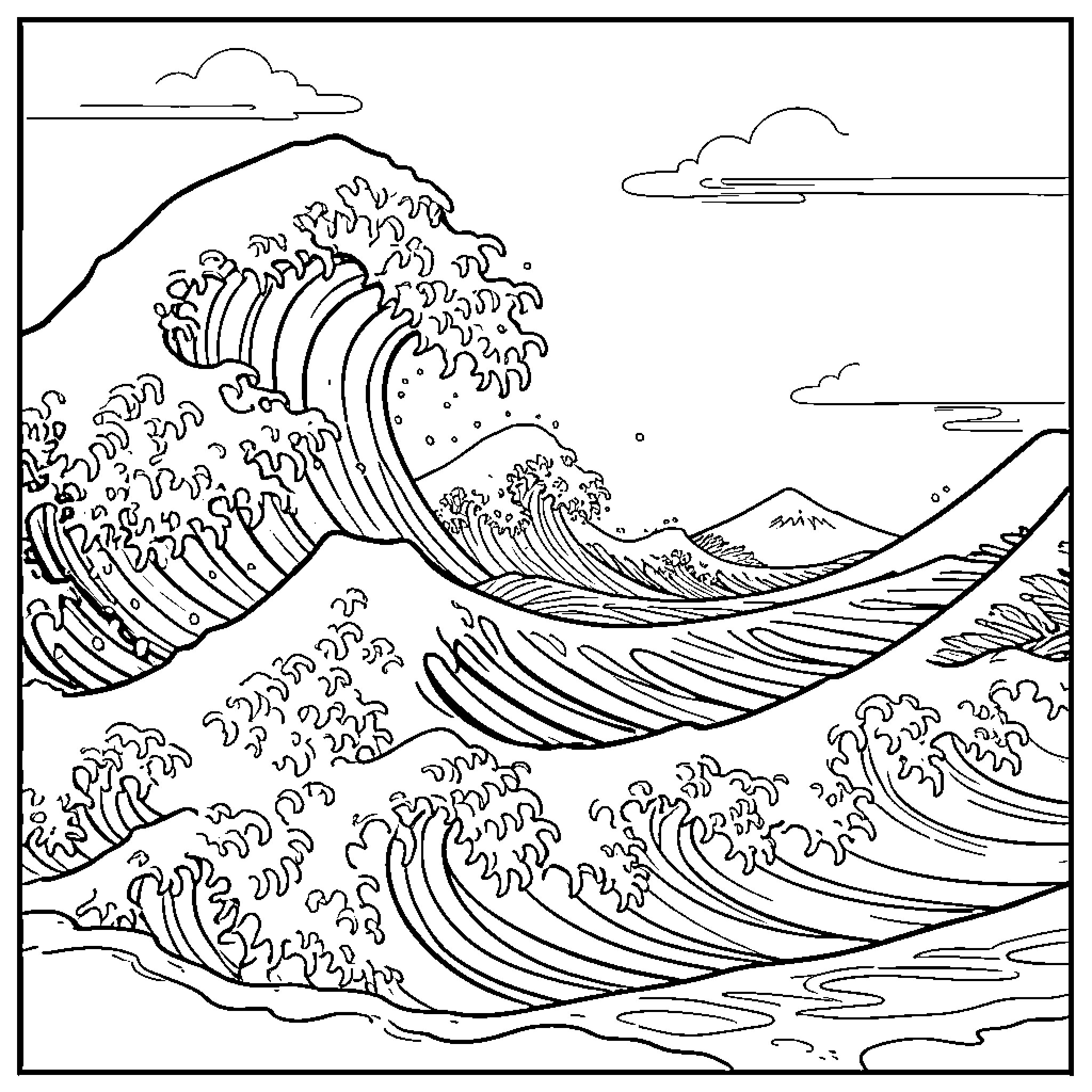 Wave crashing along the coastline Coloring Page (free black-and-white line drawing printable PDF for all, from beginners to advanced learners, including children, teens, adults, and seniors)