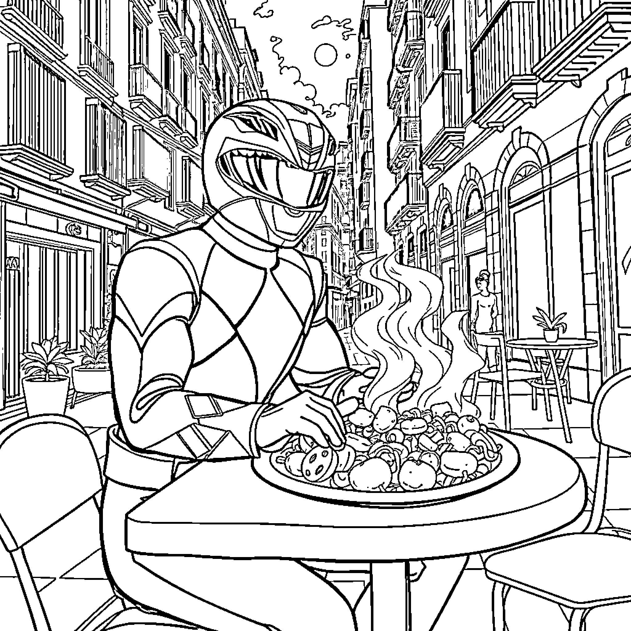 Power Ranger Enjoys Delicious Meal in City Street Coloring Page (free black-and-white line drawing printable PDF for all, from beginners to advanced learners, including children, teens, adults, and seniors)
