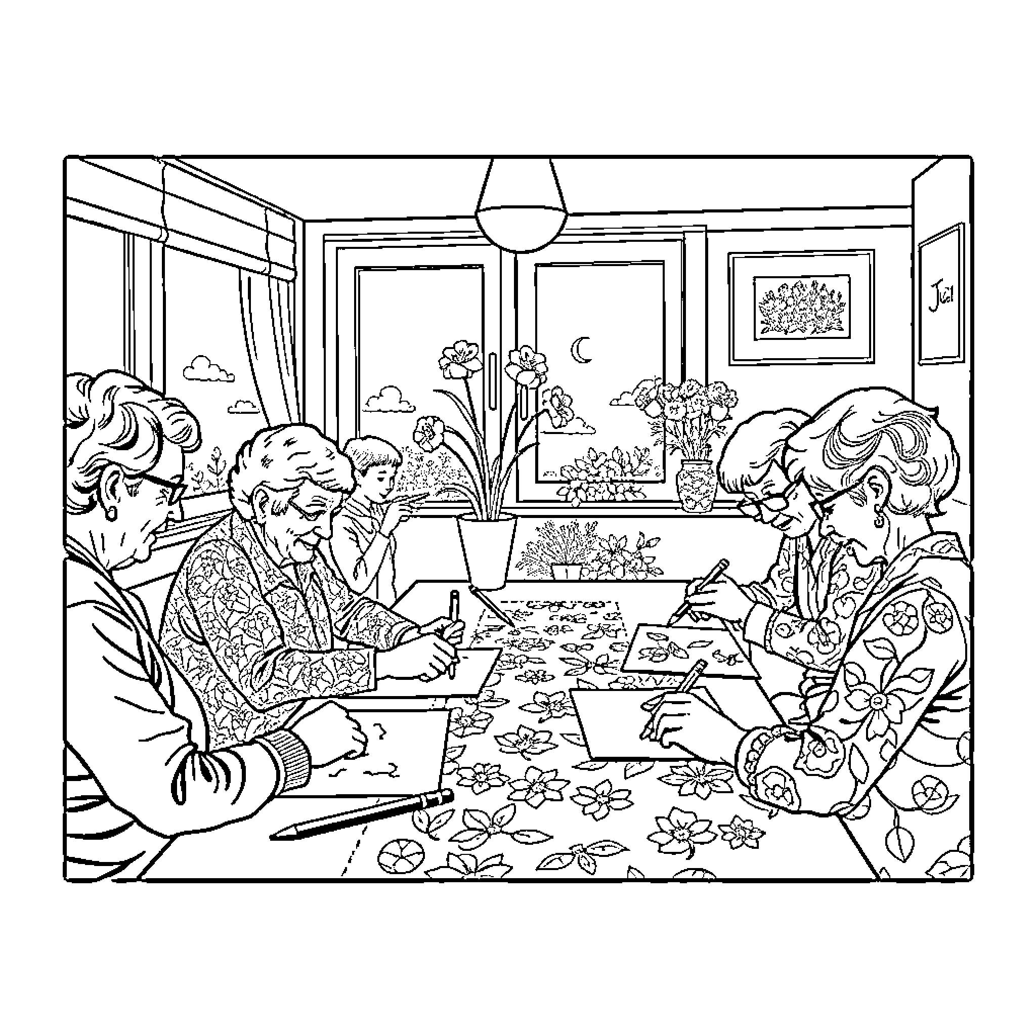 Family members gathered around table in cozy interior Coloring Page (free black-and-white line drawing printable PDF for all, from beginners to advanced learners, including children, teens, adults, and seniors)