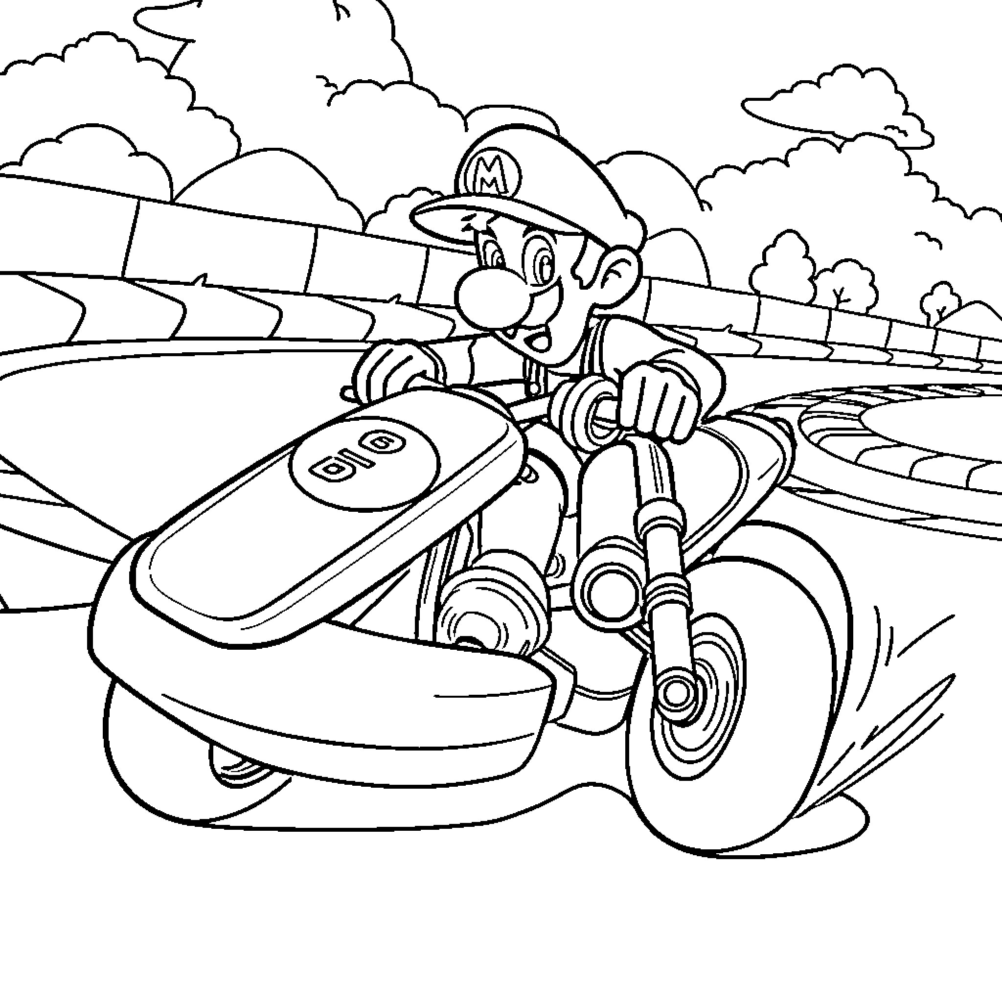 Luigi racing on his motorized scooter through the countryside Coloring Page (free black-and-white line drawing printable PDF for all, from beginners to advanced learners, including children, teens, adults, and seniors)