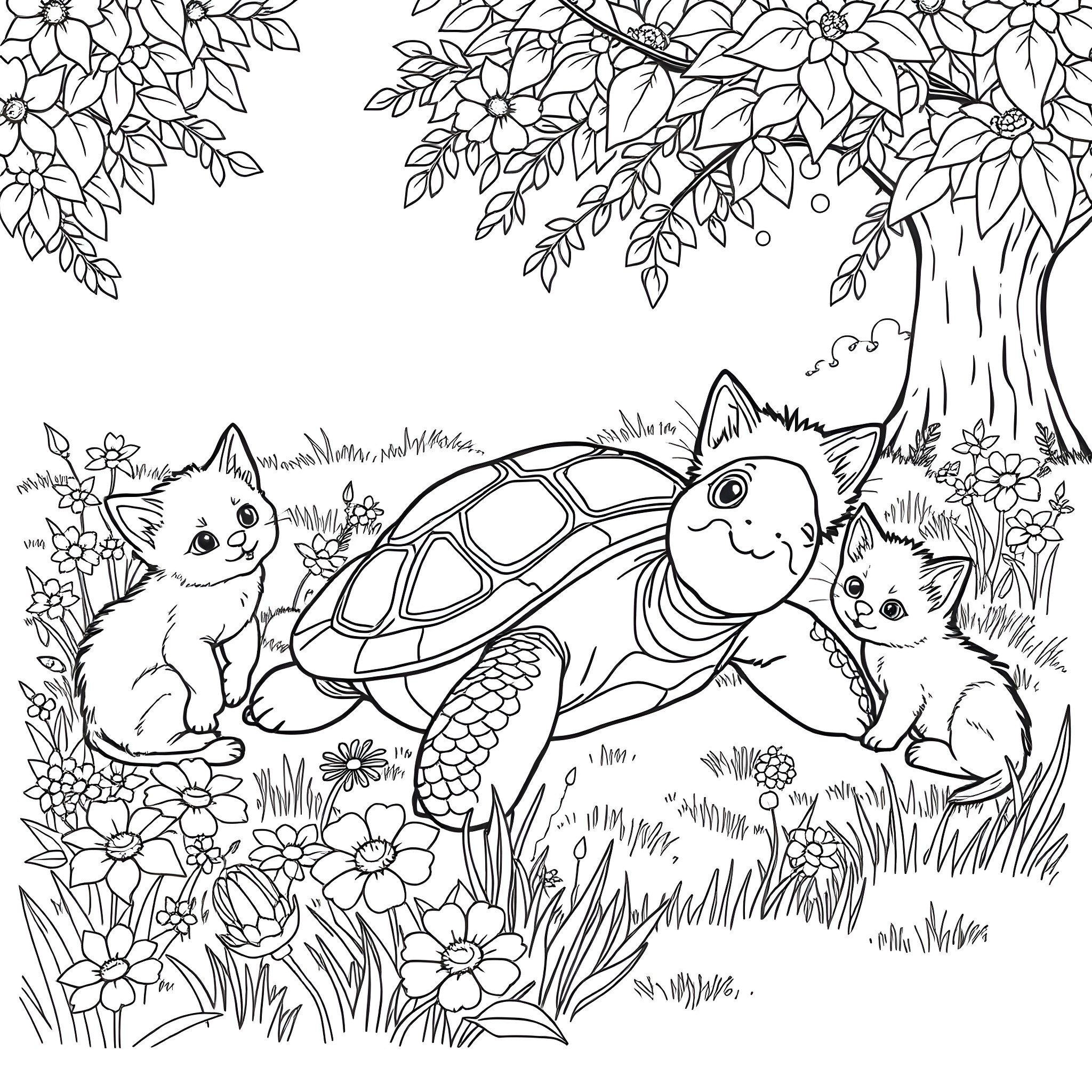 Turtle and Kittens in Floral Garden Coloring Page (free black-and-white line drawing printable PDF for all, from beginners to advanced learners, including children, teens, adults, and seniors)
