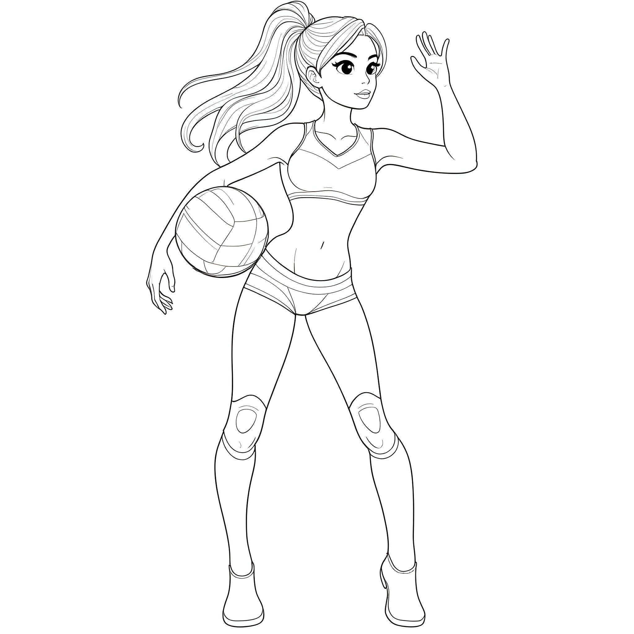 Volleyball Girl Enthusiastically Plays the Sport Coloring Page (free black-and-white line drawing printable PDF for all, from beginners to advanced learners, including children, teens, adults, and seniors)