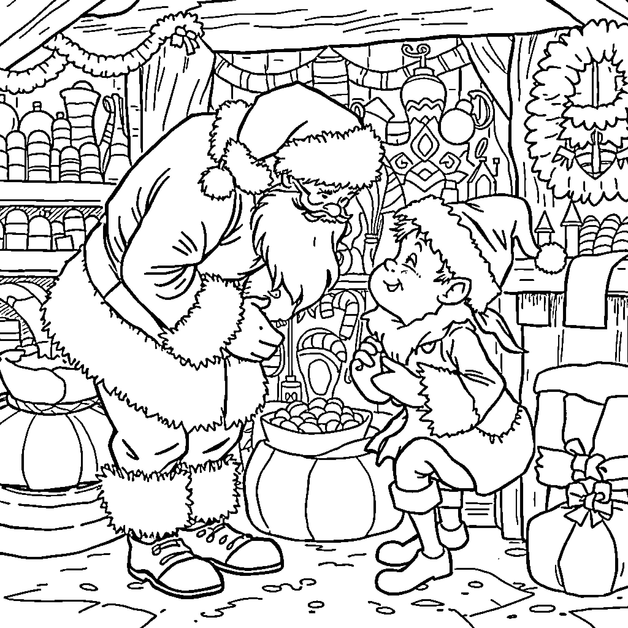 Santa visits children with gifts in a festive scene Coloring Page (free black-and-white line drawing printable PDF for all, from beginners to advanced learners, including children, teens, adults, and seniors)