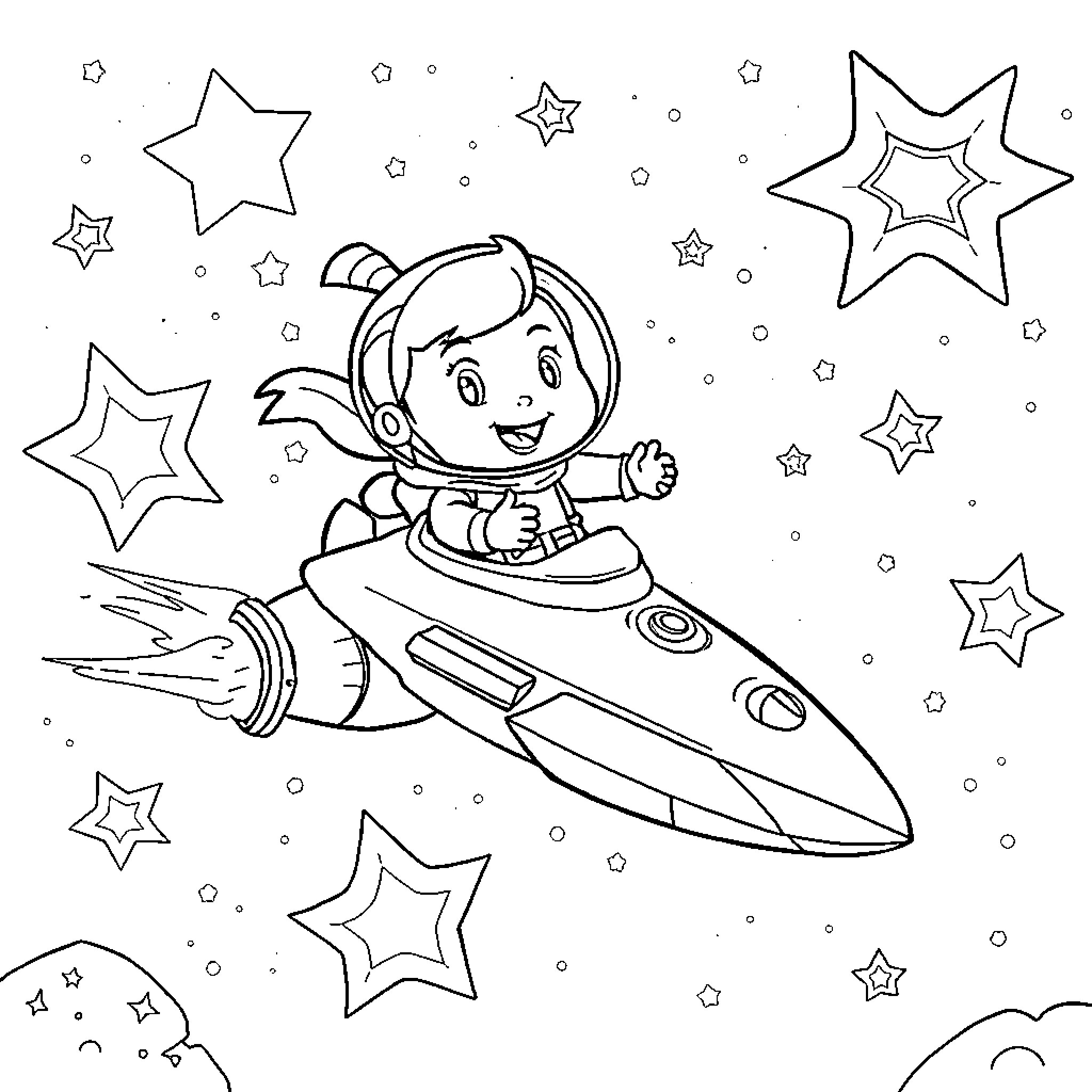 Pat's Stellar Space Adventure Coloring Page (free black-and-white line drawing printable PDF for all, from beginners to advanced learners, including children, teens, adults, and seniors)