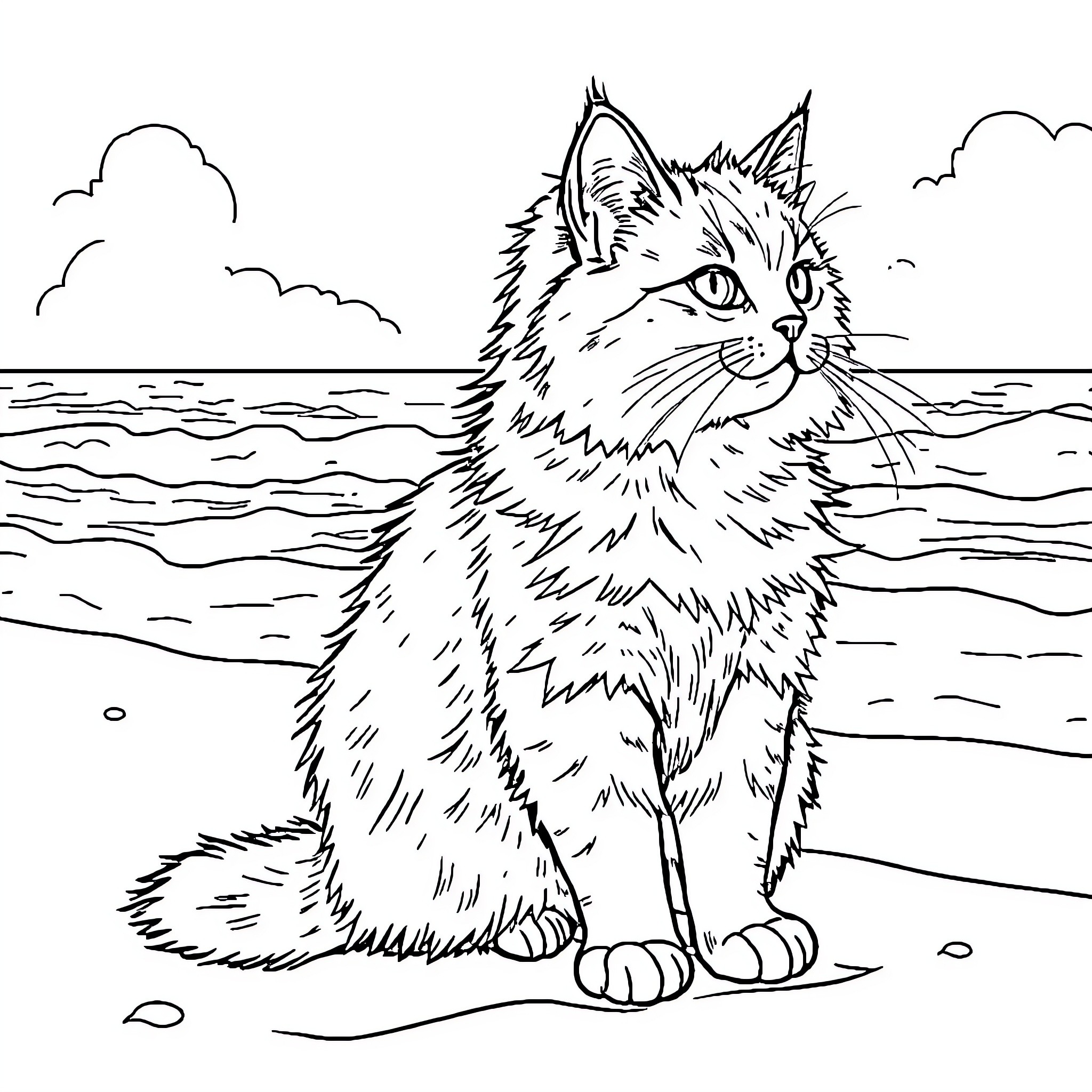 Cat sitting on the beach Coloring Page (free black-and-white line drawing printable PDF for all, from beginners to advanced learners, including children, teens, adults, and seniors)