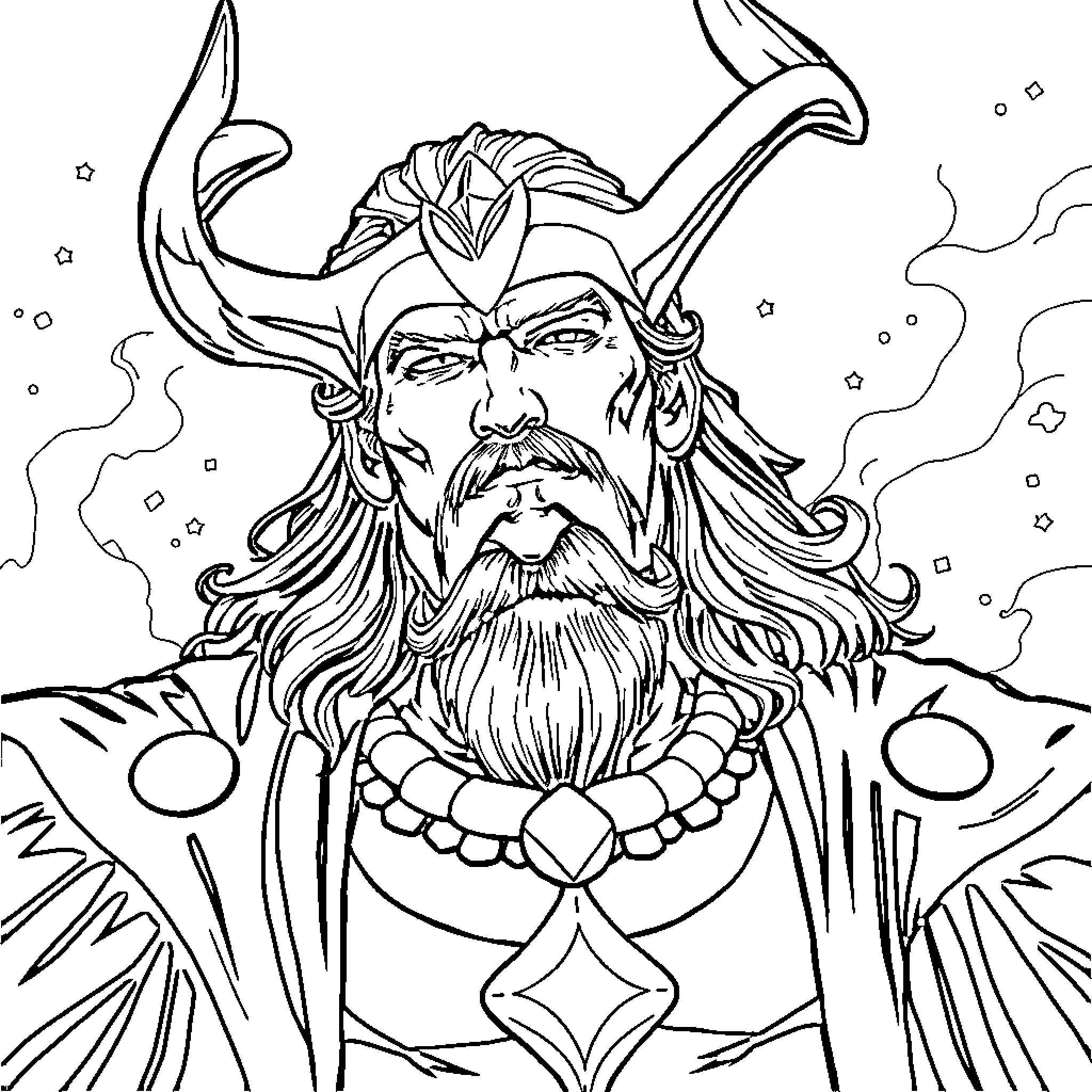 Loki, the God of Mischief in Ornate Attire Coloring Page (free black-and-white line drawing printable PDF for all, from beginners to advanced learners, including children, teens, adults, and seniors)