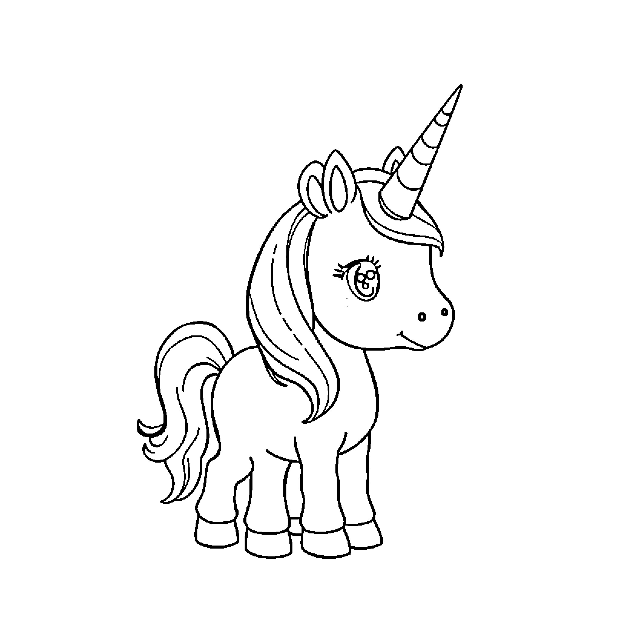 Unicorn standing with a happy expression Coloring Page (free black-and-white line drawing printable PDF for all, from beginners to advanced learners, including children, teens, adults, and seniors)