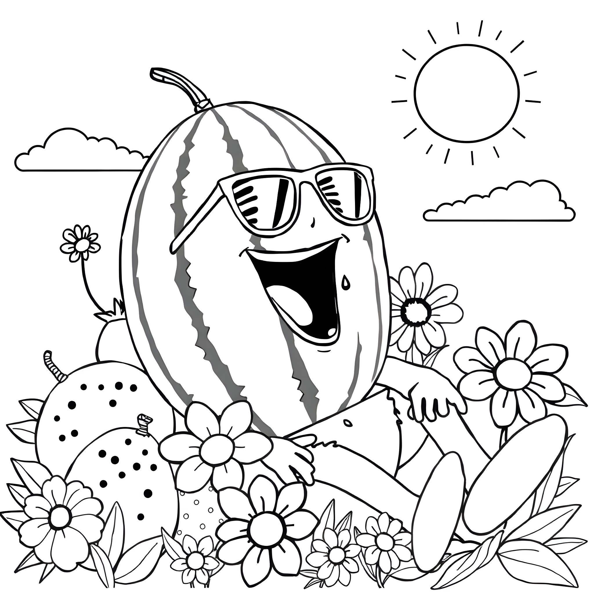 Man with sunglasses enjoying flowers in nature Coloring Page (free black-and-white line drawing printable PDF for all, from beginners to advanced learners, including children, teens, adults, and seniors)
