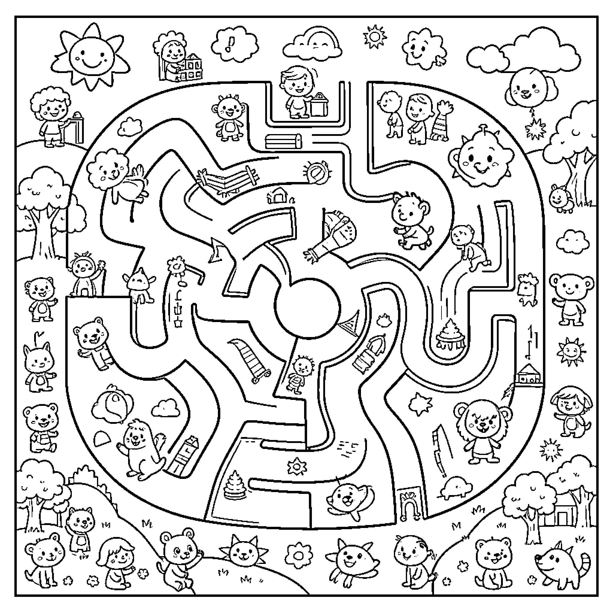 Maze of Playful Creatures and Whimsical Scenes Coloring Page (free black-and-white line drawing printable PDF for all, from beginners to advanced learners, including children, teens, adults, and seniors)