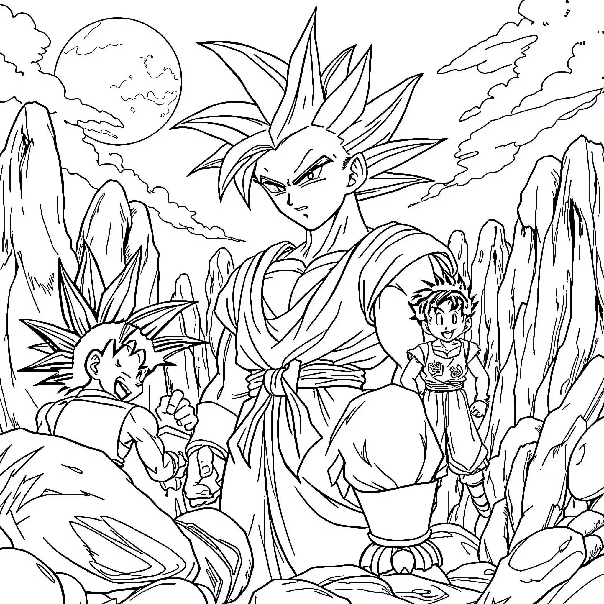 Dragon warriors confronting enemies in the wilderness Coloring Page (free black-and-white line drawing printable PDF for all, from beginners to advanced learners, including children, teens, adults, and seniors)