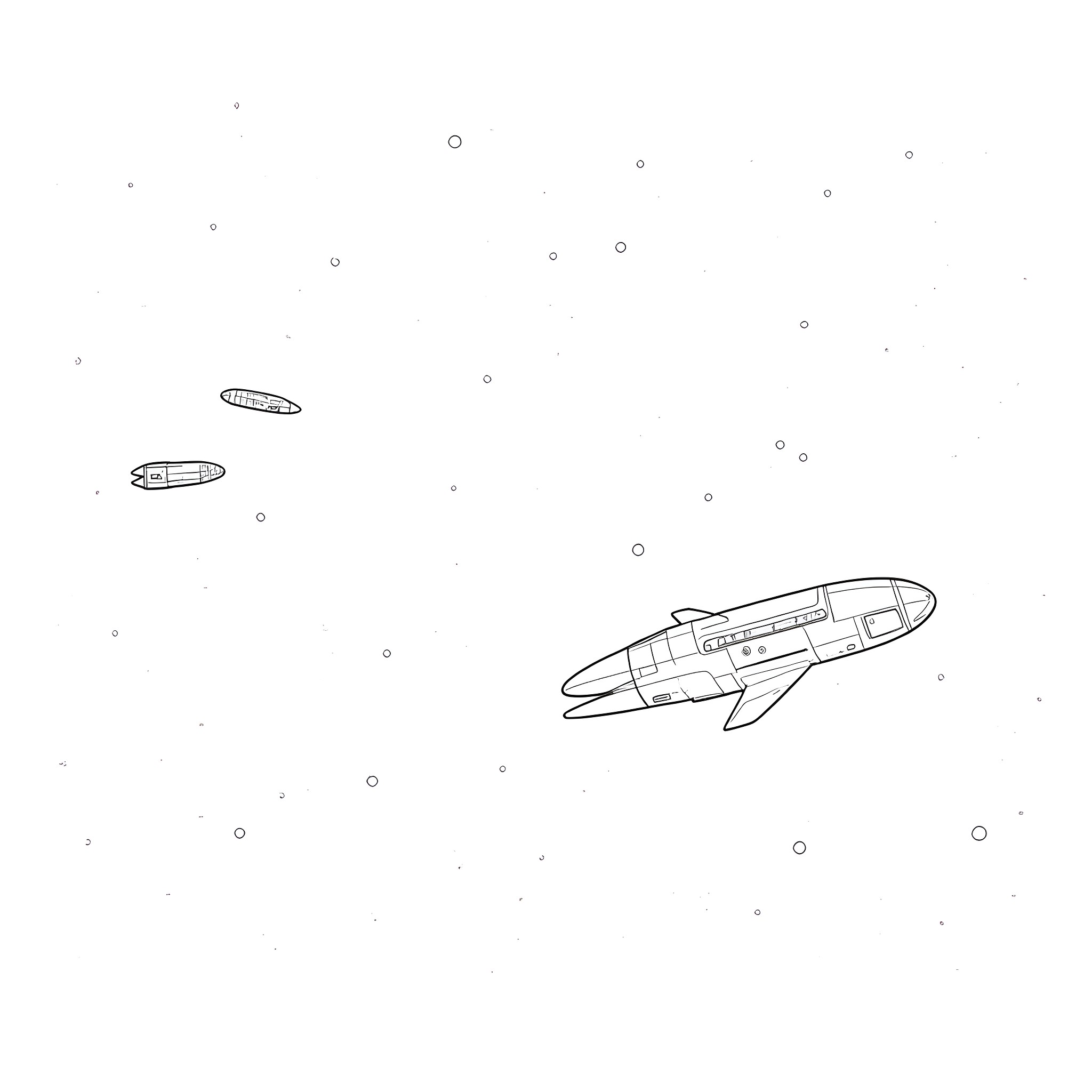 Spaceship flying in the cosmic void Coloring Page (free black-and-white line drawing printable PDF for all, from beginners to advanced learners, including children, teens, adults, and seniors)