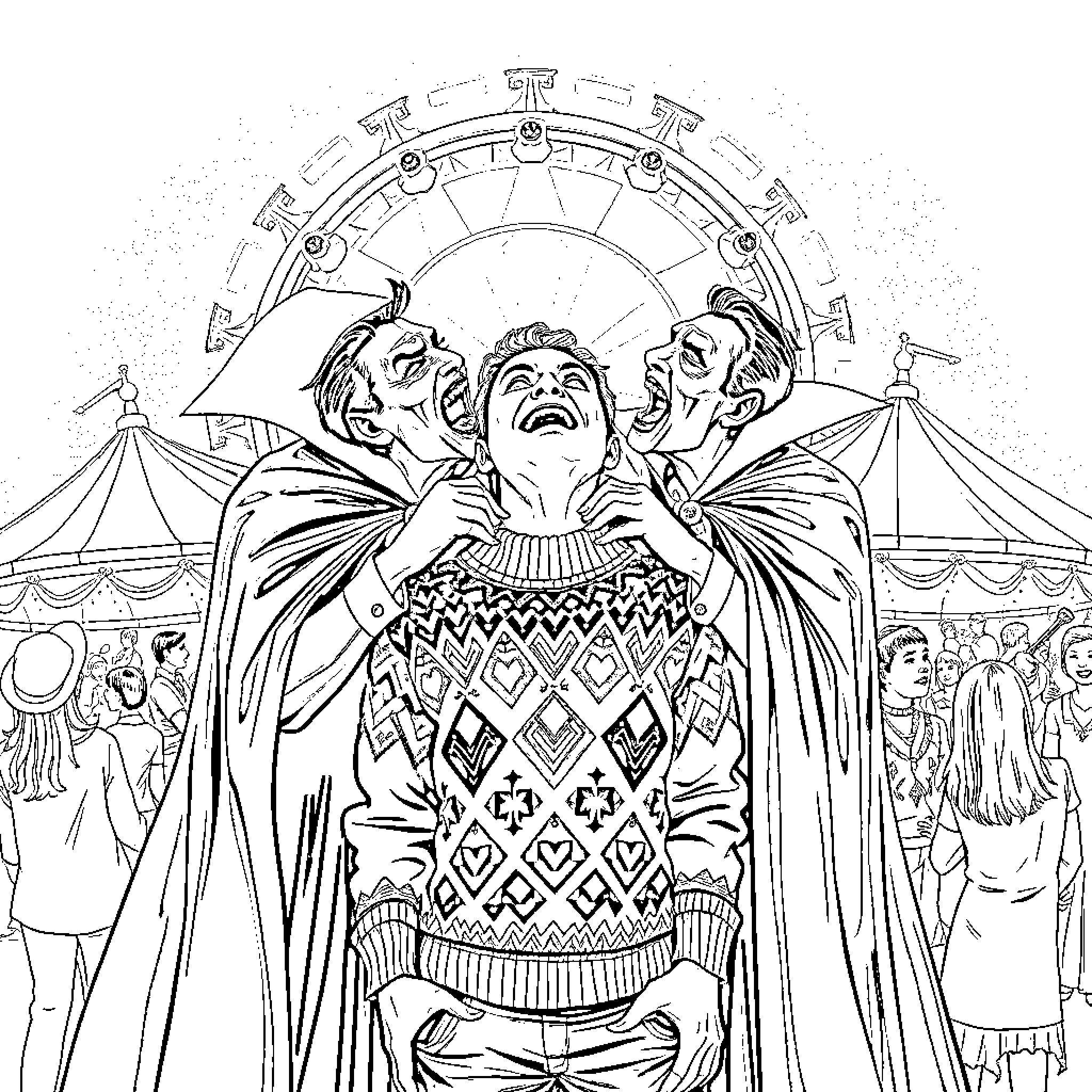 Vampire Performers Entertain Circus Crowd Coloring Page (free black-and-white line drawing printable PDF for all, from beginners to advanced learners, including children, teens, adults, and seniors)