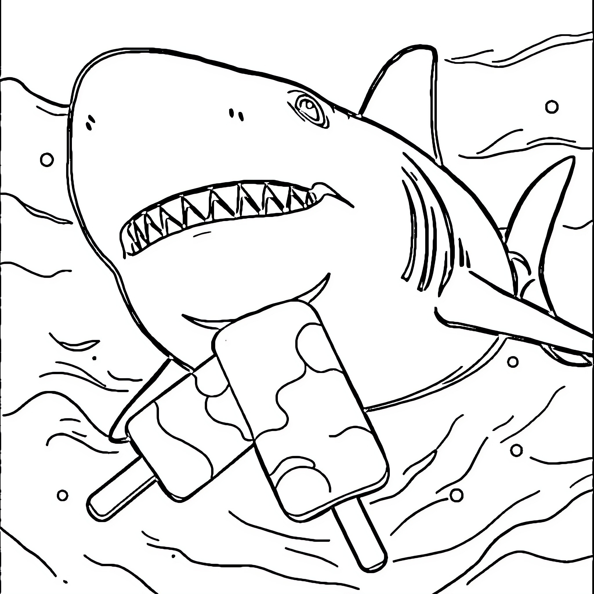 Shark chasing an ice cream popsicle Coloring Page (free black-and-white line drawing printable PDF for all, from beginners to advanced learners, including children, teens, adults, and seniors)