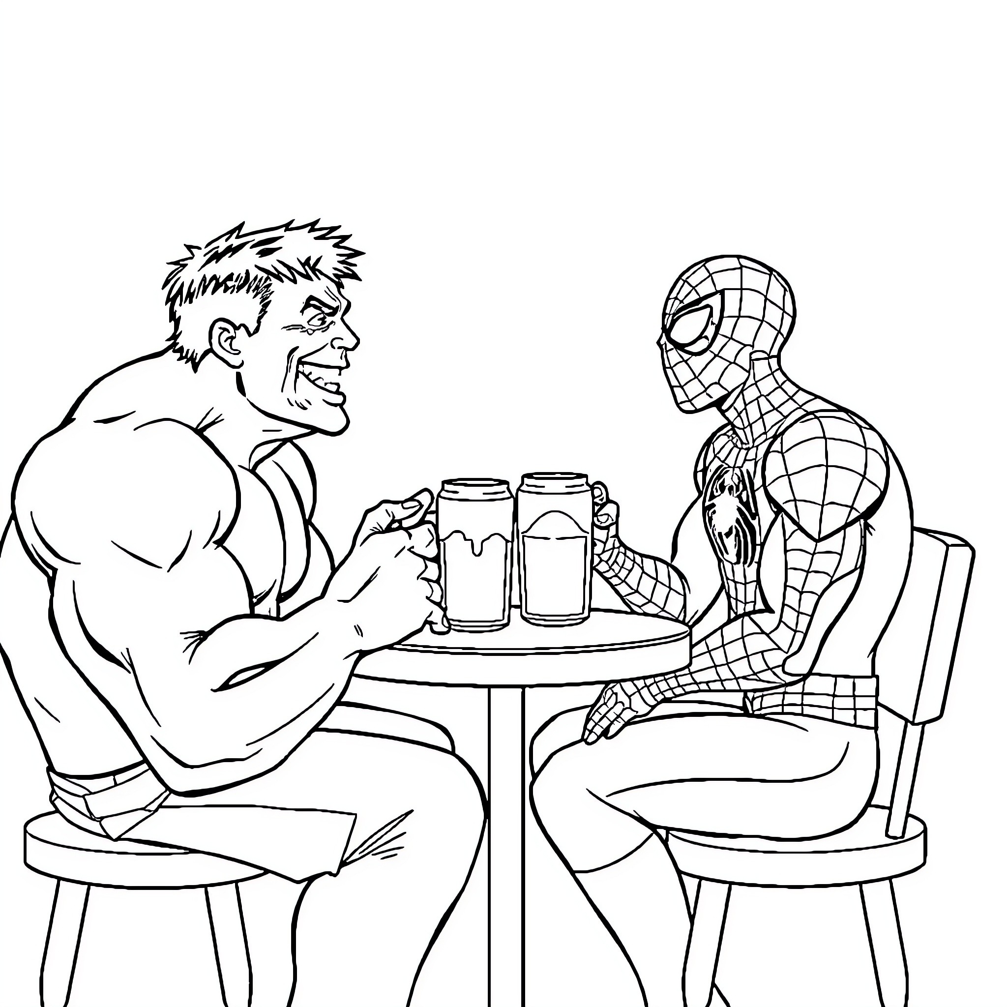 Hulk and Spider-Man sharing drinks at a bar Coloring Page (free black-and-white line drawing printable PDF for all, from beginners to advanced learners, including children, teens, adults, and seniors)