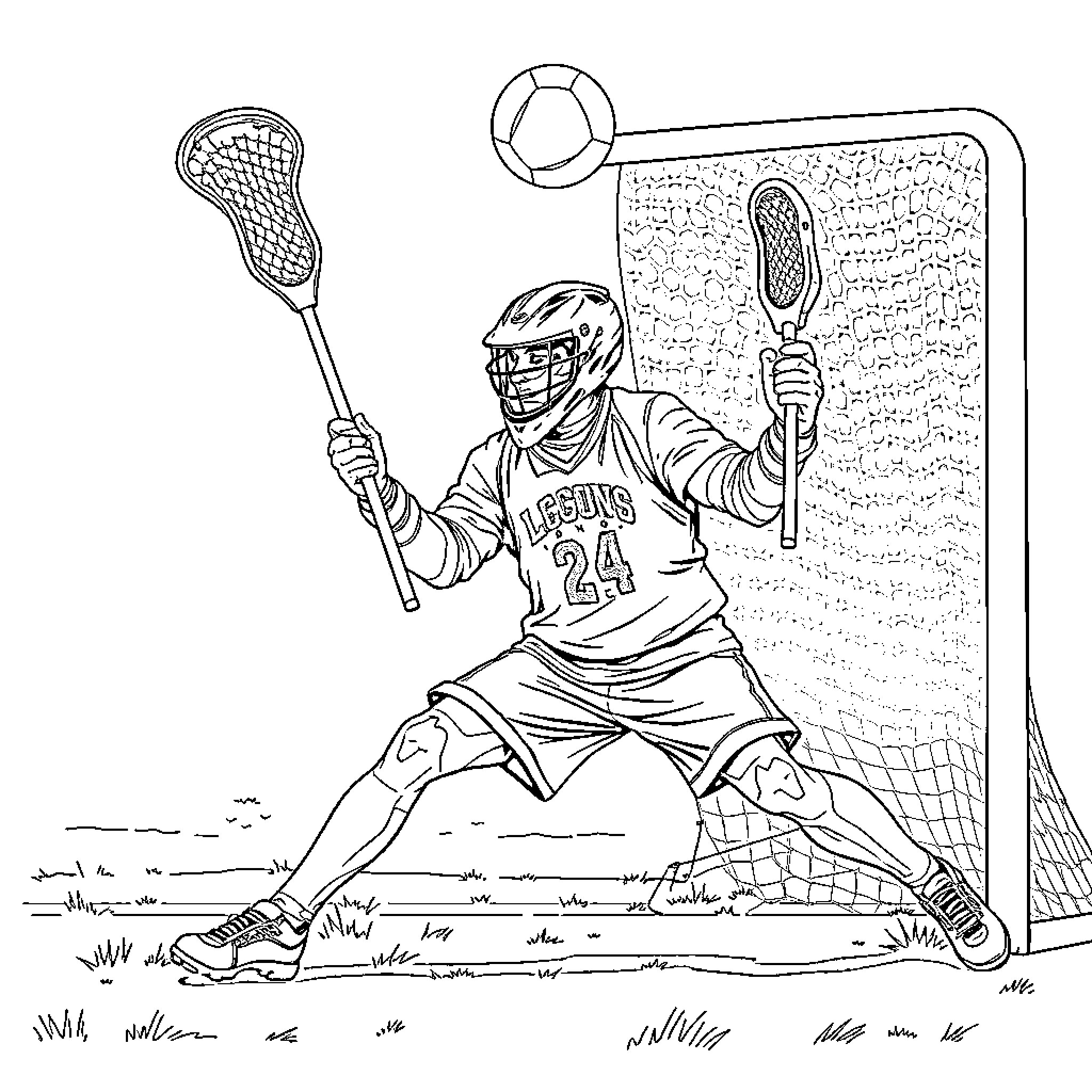 Lacrosse player in action on the field Coloring Page (free black-and-white line drawing printable PDF for all, from beginners to advanced learners, including children, teens, adults, and seniors)
