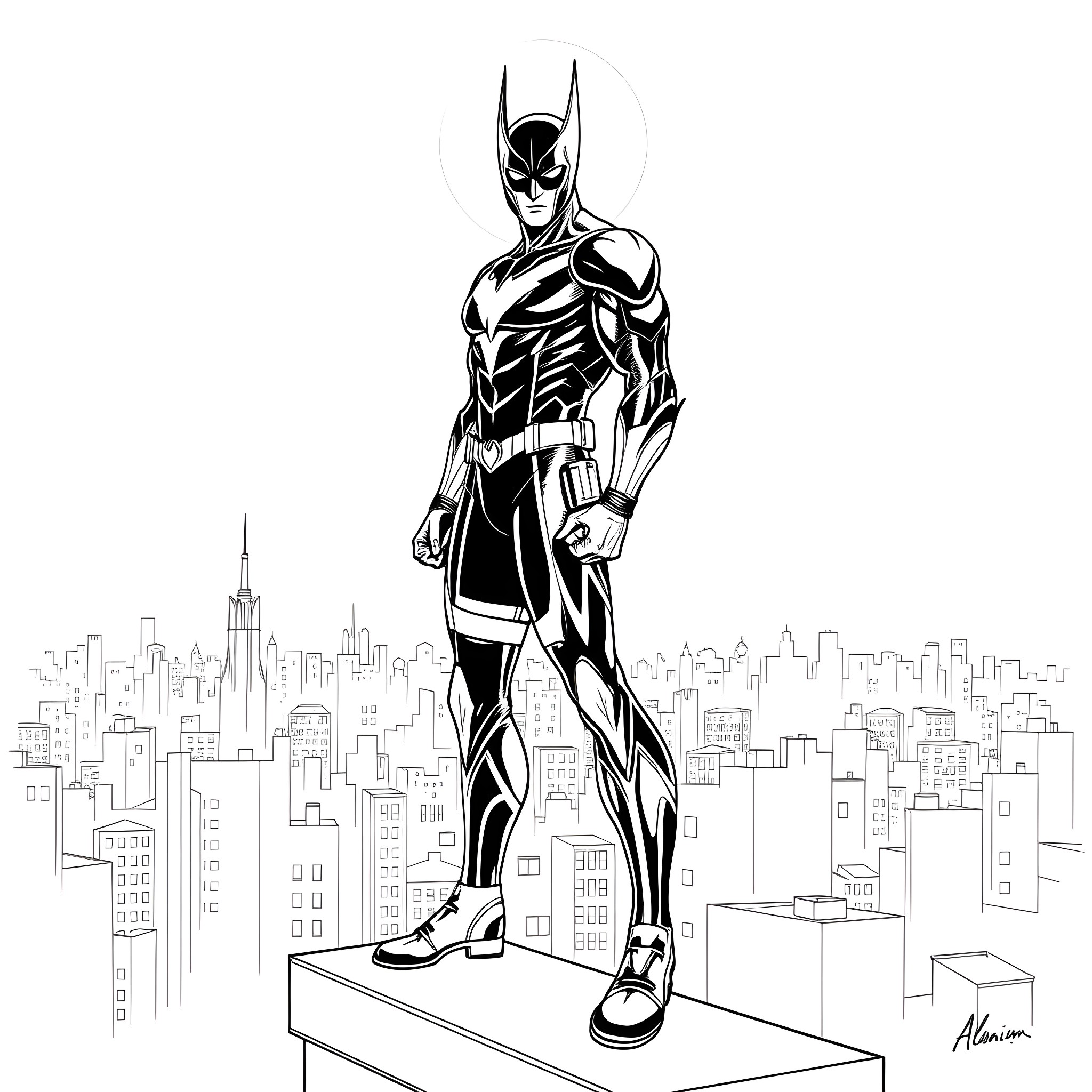 Moonwing's heroic stance over the city Coloring Page (free black-and-white line drawing printable PDF for all, from beginners to advanced learners, including children, teens, adults, and seniors)