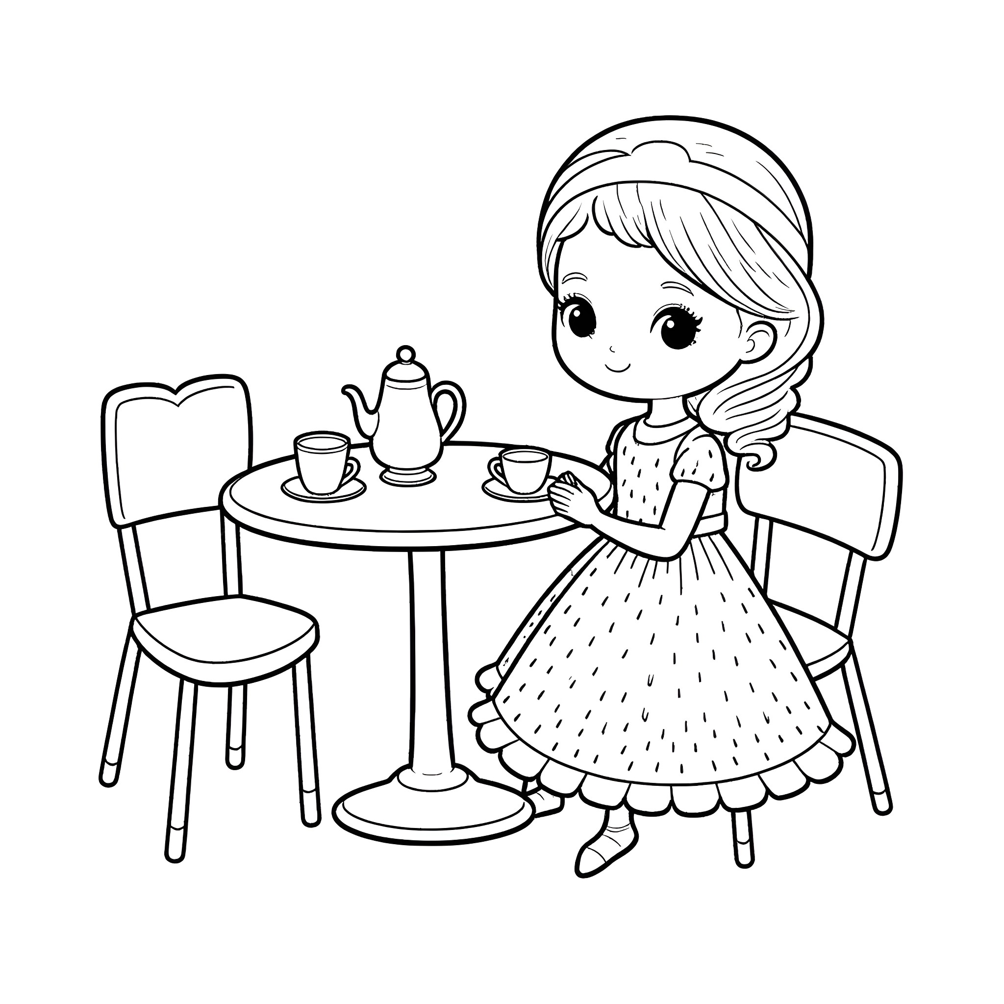 Doll having a tea party Coloring Page (free black-and-white line drawing printable PDF for all, from beginners to advanced learners, including children, teens, adults, and seniors)