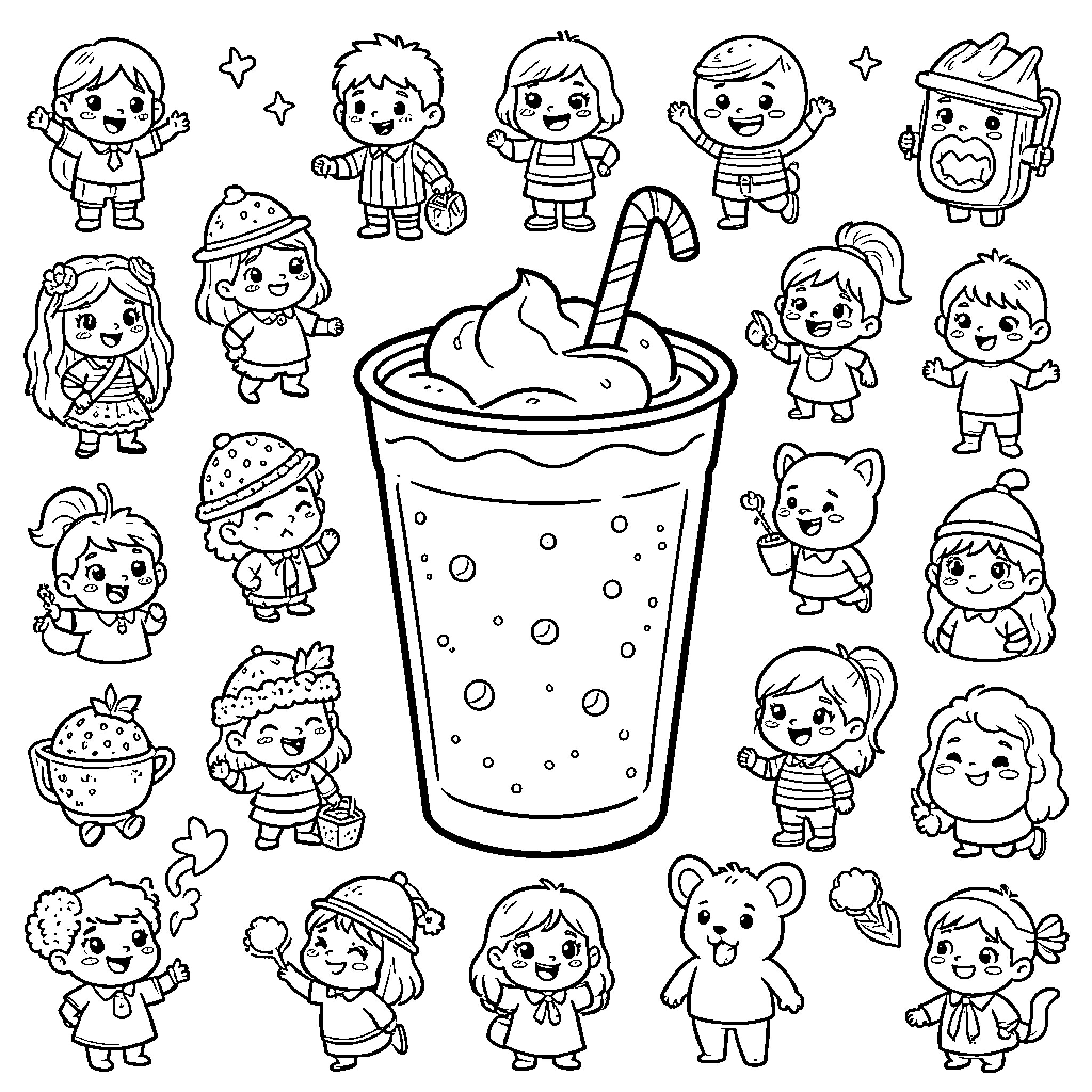 Drink surrounded by many happy smiling children Coloring Page (free black-and-white line drawing printable PDF for all, from beginners to advanced learners, including children, teens, adults, and seniors)