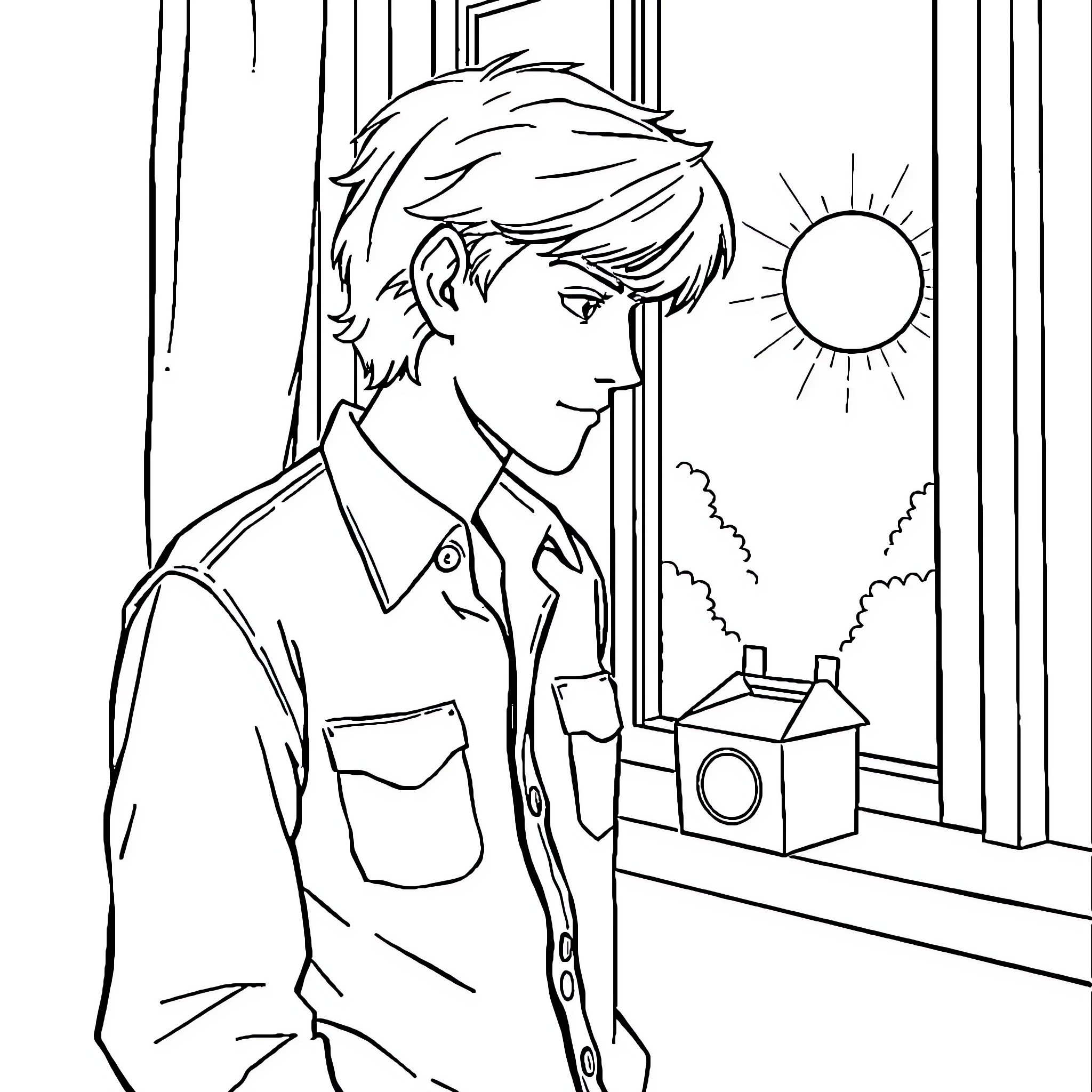 Man looking out window at sunny day Coloring Page (free black-and-white line drawing printable PDF for all, from beginners to advanced learners, including children, teens, adults, and seniors)