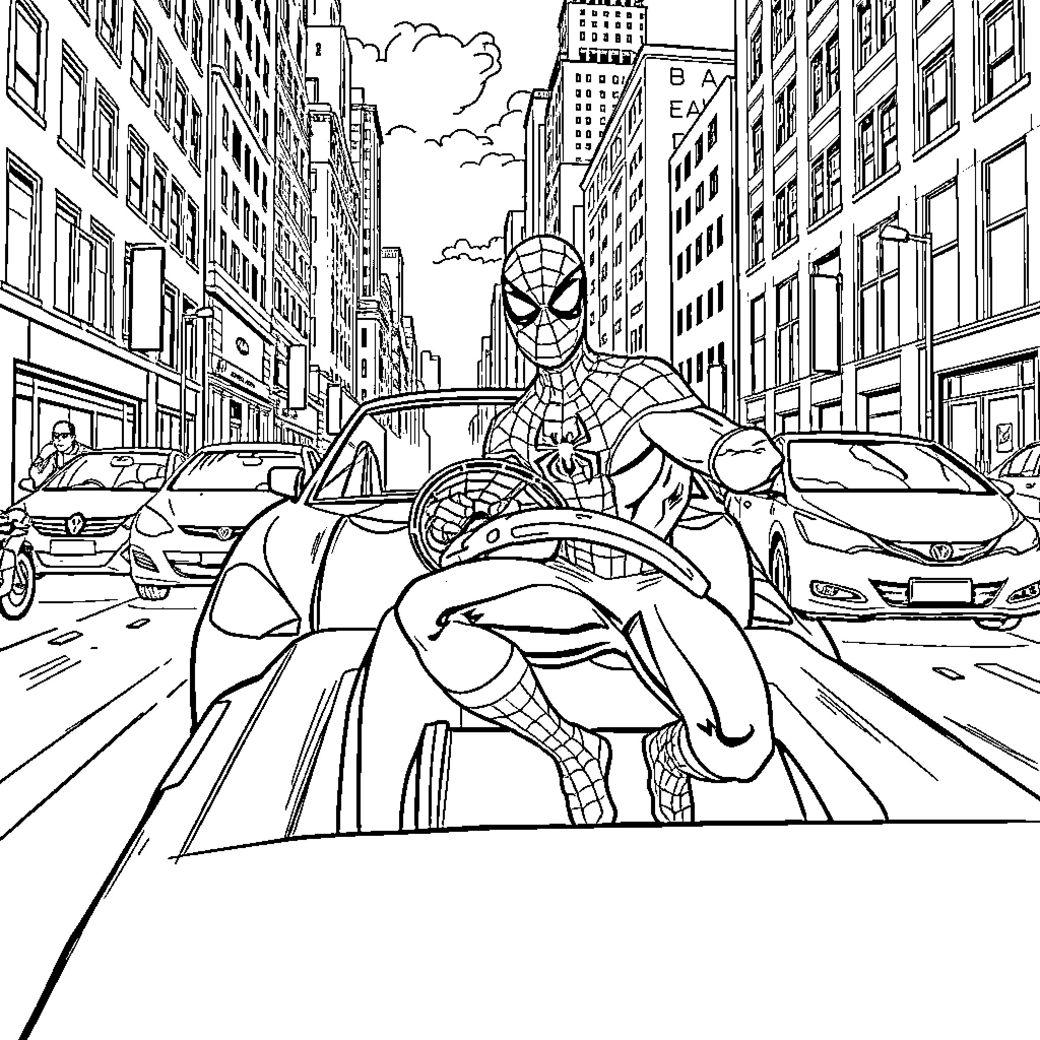 Spiderman swinging through the city streets Coloring Page (free black-and-white line drawing printable PDF for all, from beginners to advanced learners, including children, teens, adults, and seniors)