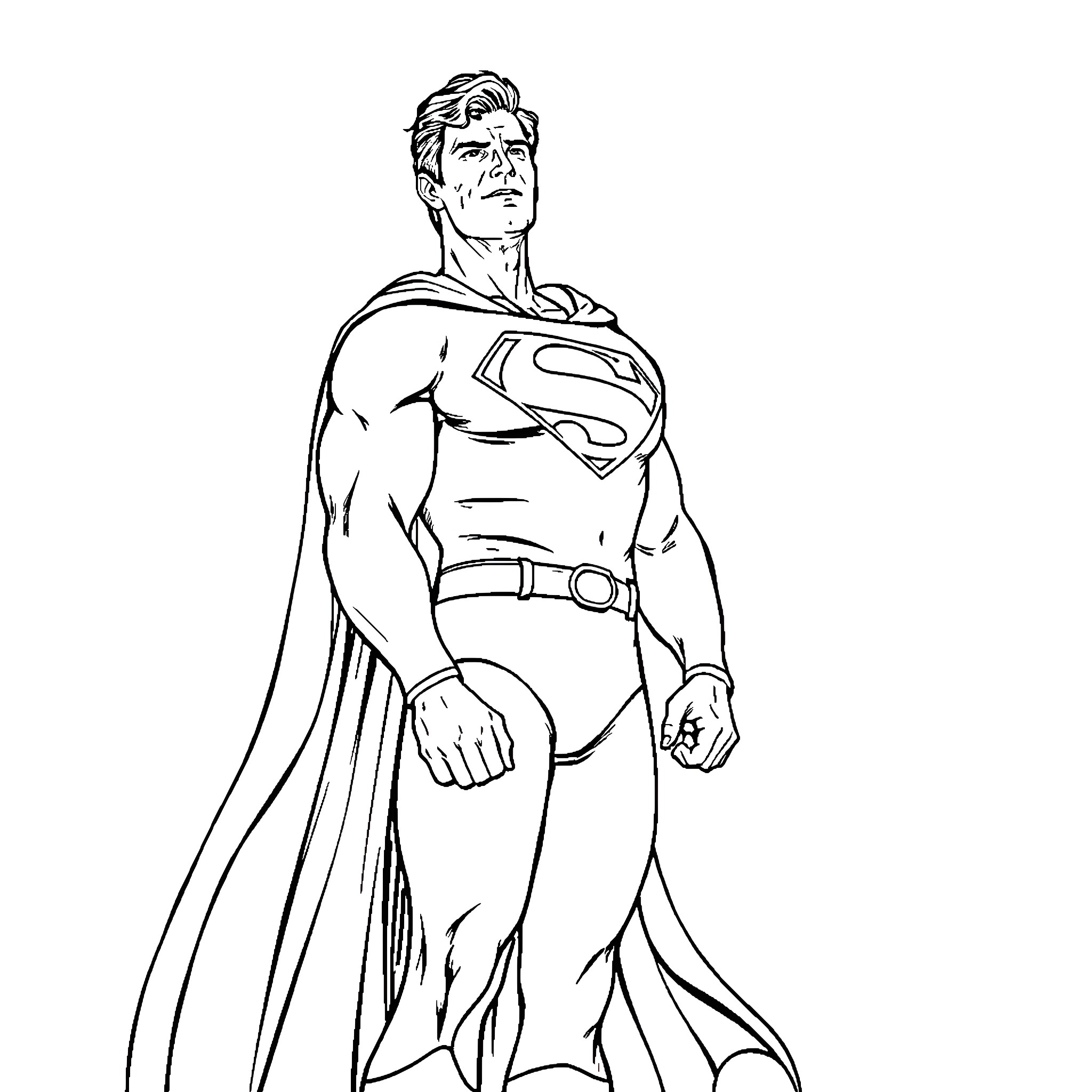 Superman in heroic pose with iconic costume Coloring Page (free black-and-white line drawing printable PDF for all, from beginners to advanced learners, including children, teens, adults, and seniors)