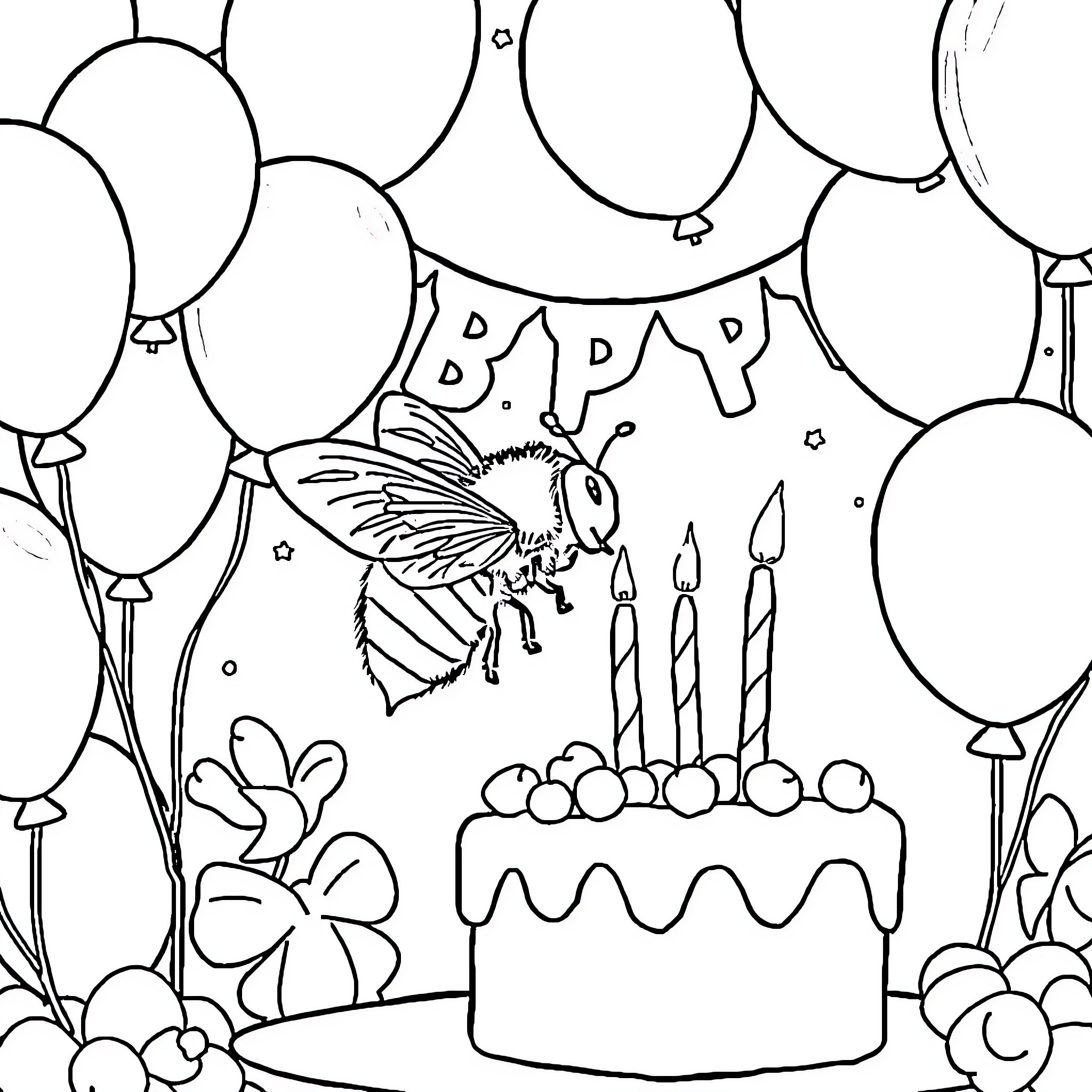 Bee celebrating birthday with balloons and cake Coloring Page (free black-and-white line drawing printable PDF for all, from beginners to advanced learners, including children, teens, adults, and seniors)