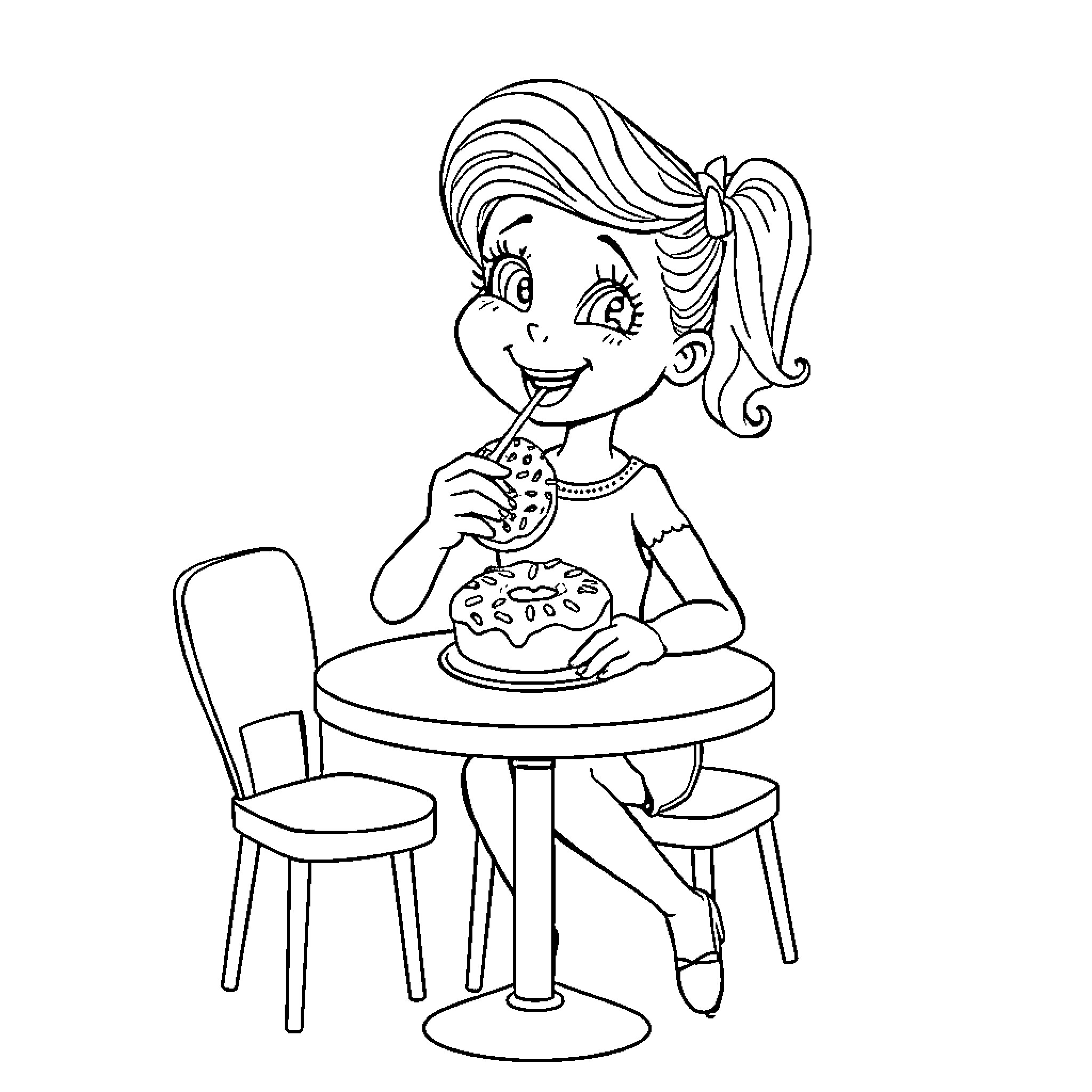 Elda Enjoying a Delicious Treat Coloring Page (free black-and-white line drawing printable PDF for all, from beginners to advanced learners, including children, teens, adults, and seniors)