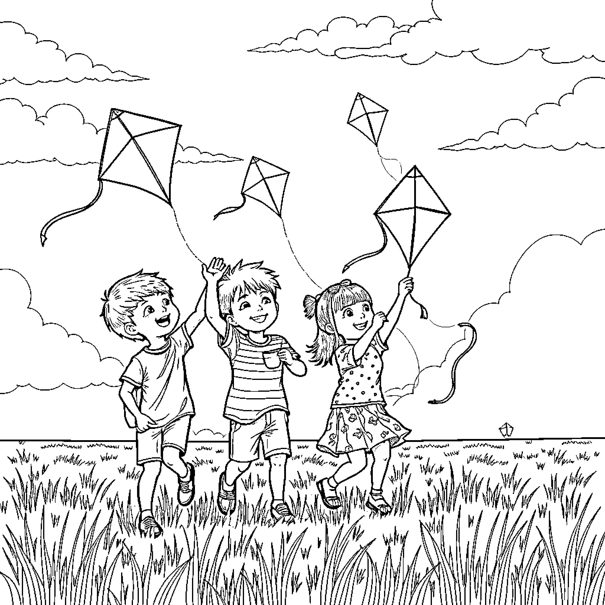 Kid's joyful kite flying adventure in the field Coloring Page (free black-and-white line drawing printable PDF for all, from beginners to advanced learners, including children, teens, adults, and seniors)