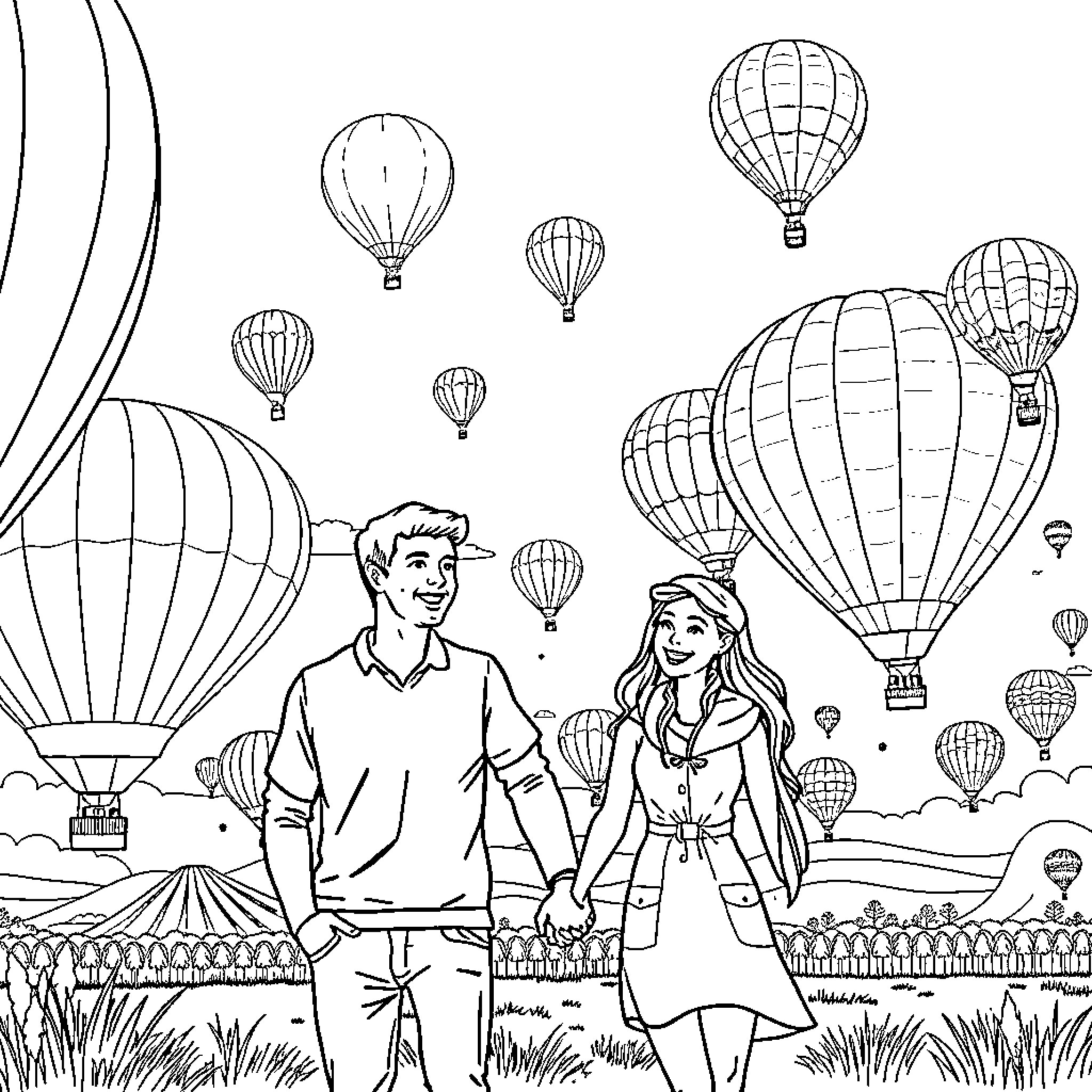Couple enjoying a scenic hot air balloon festival Coloring Page (free black-and-white line drawing printable PDF for all, from beginners to advanced learners, including children, teens, adults, and seniors)