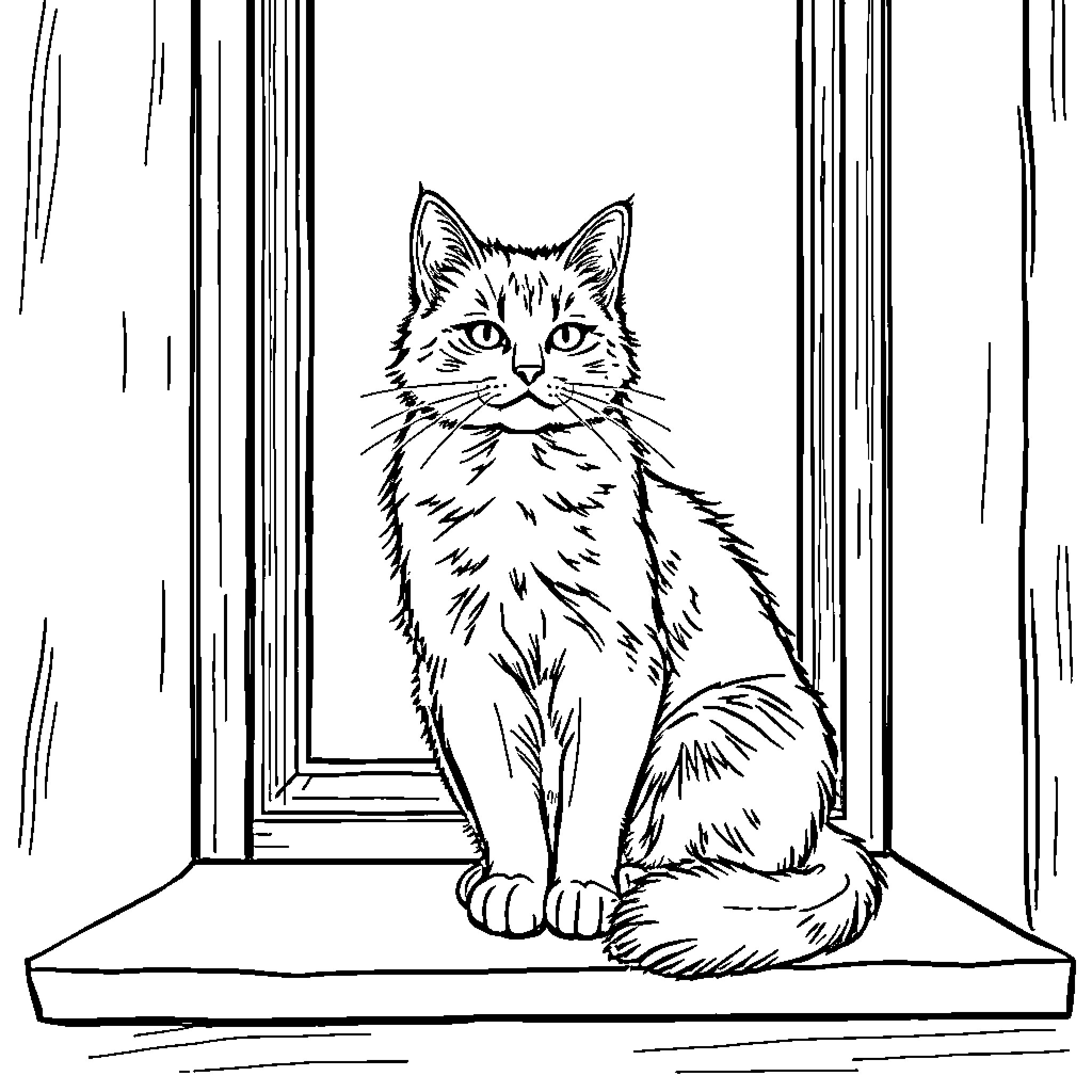 Kat looking thoughtfully through the window Coloring Page (free black-and-white line drawing printable PDF for all, from beginners to advanced learners, including children, teens, adults, and seniors)
