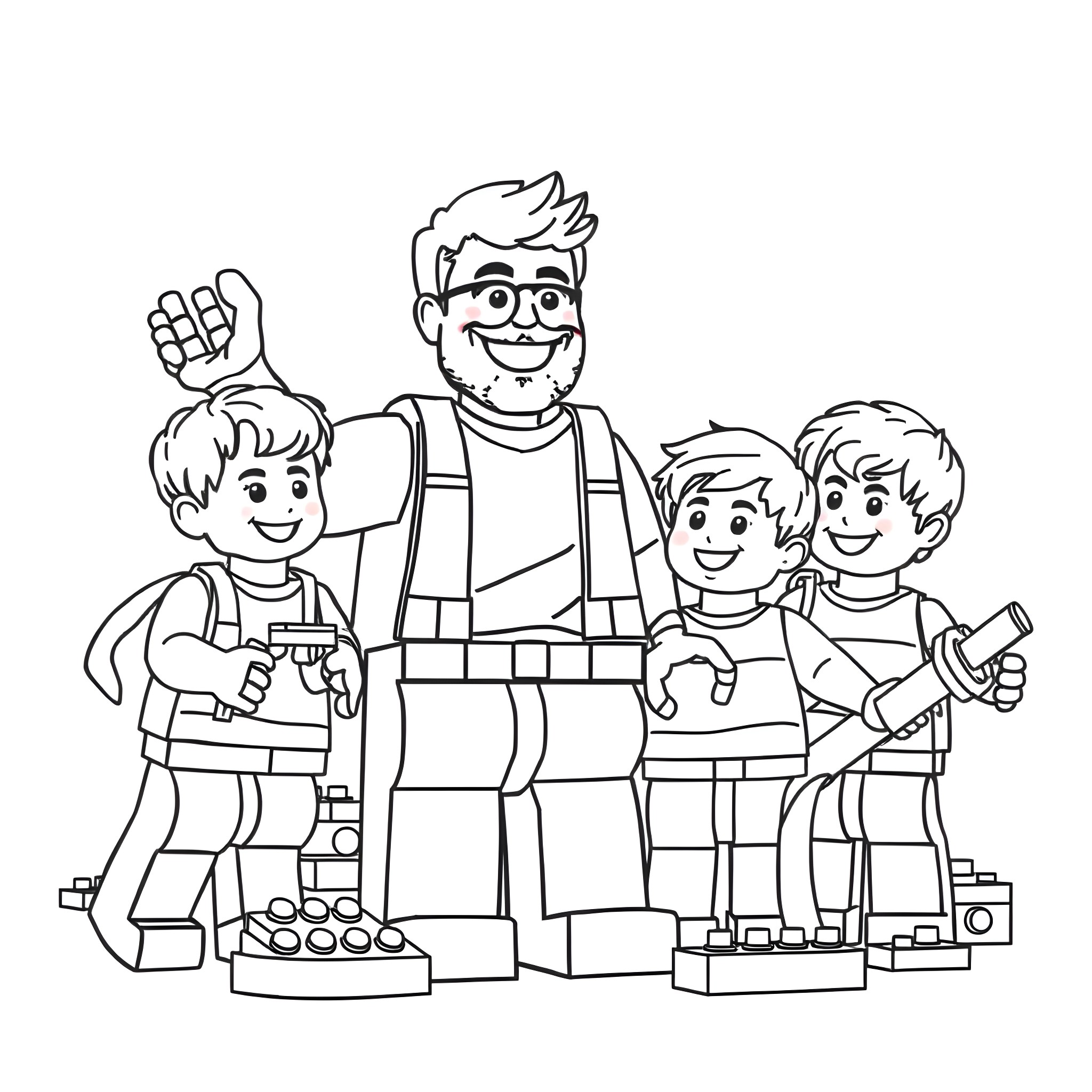 Lego Dad and his playful kids Coloring Page (free black-and-white line drawing printable PDF for all, from beginners to advanced learners, including children, teens, adults, and seniors)