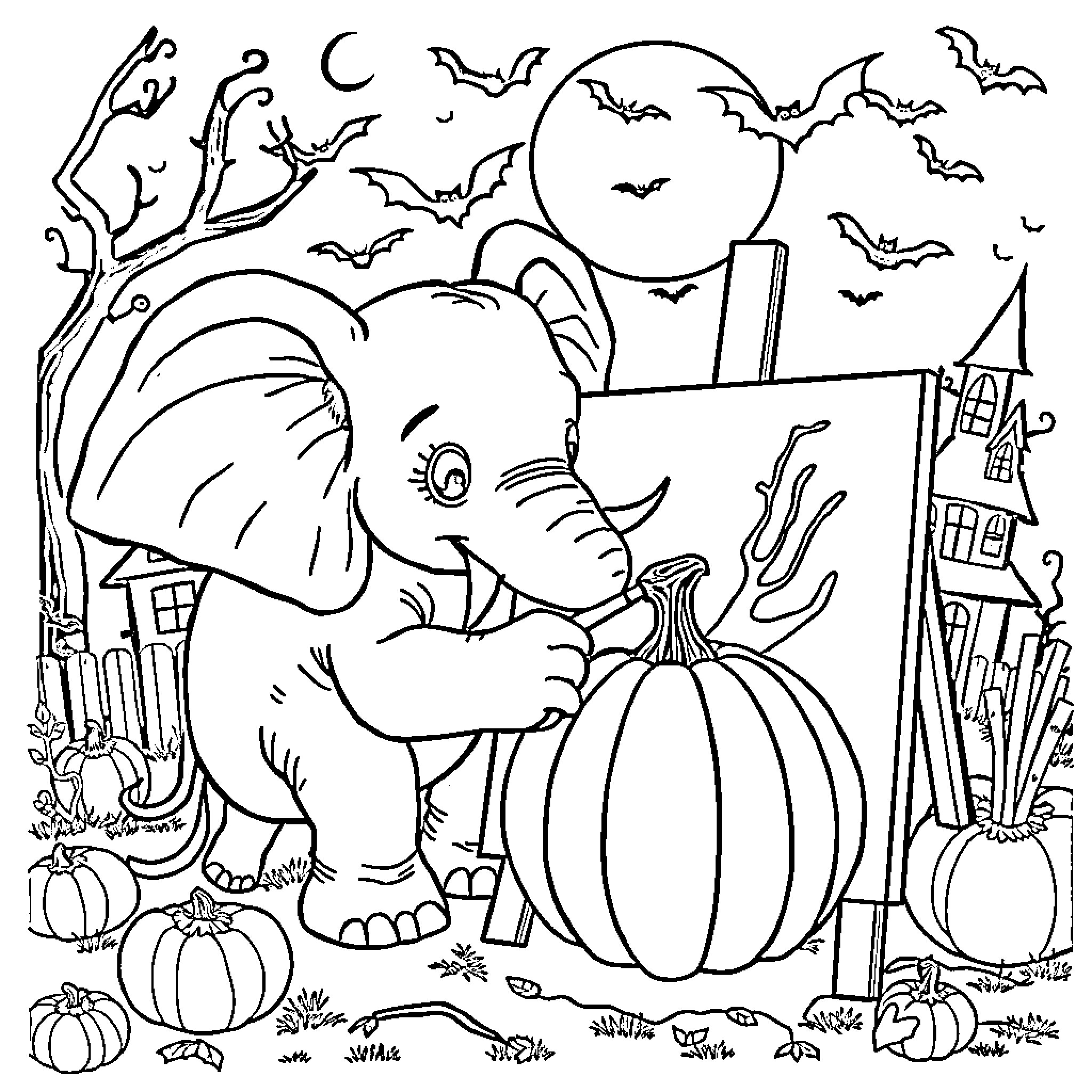 Elephant painting Halloween pumpkins at night Coloring Page (free black-and-white line drawing printable PDF for all, from beginners to advanced learners, including children, teens, adults, and seniors)