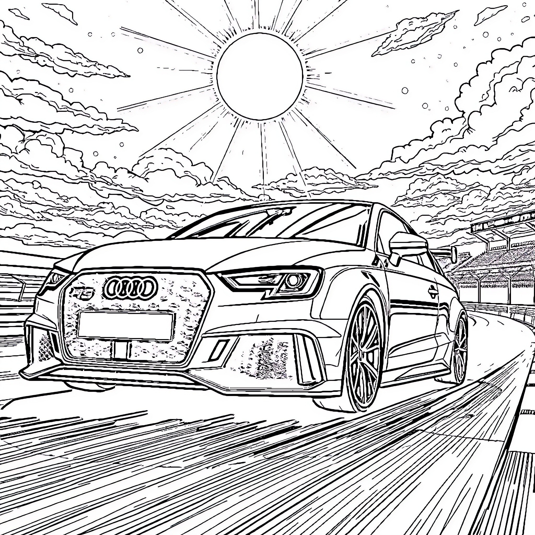 Audi sports car speeding on a sunny road Coloring Page (free black-and-white line drawing printable PDF for all, from beginners to advanced learners, including children, teens, adults, and seniors)