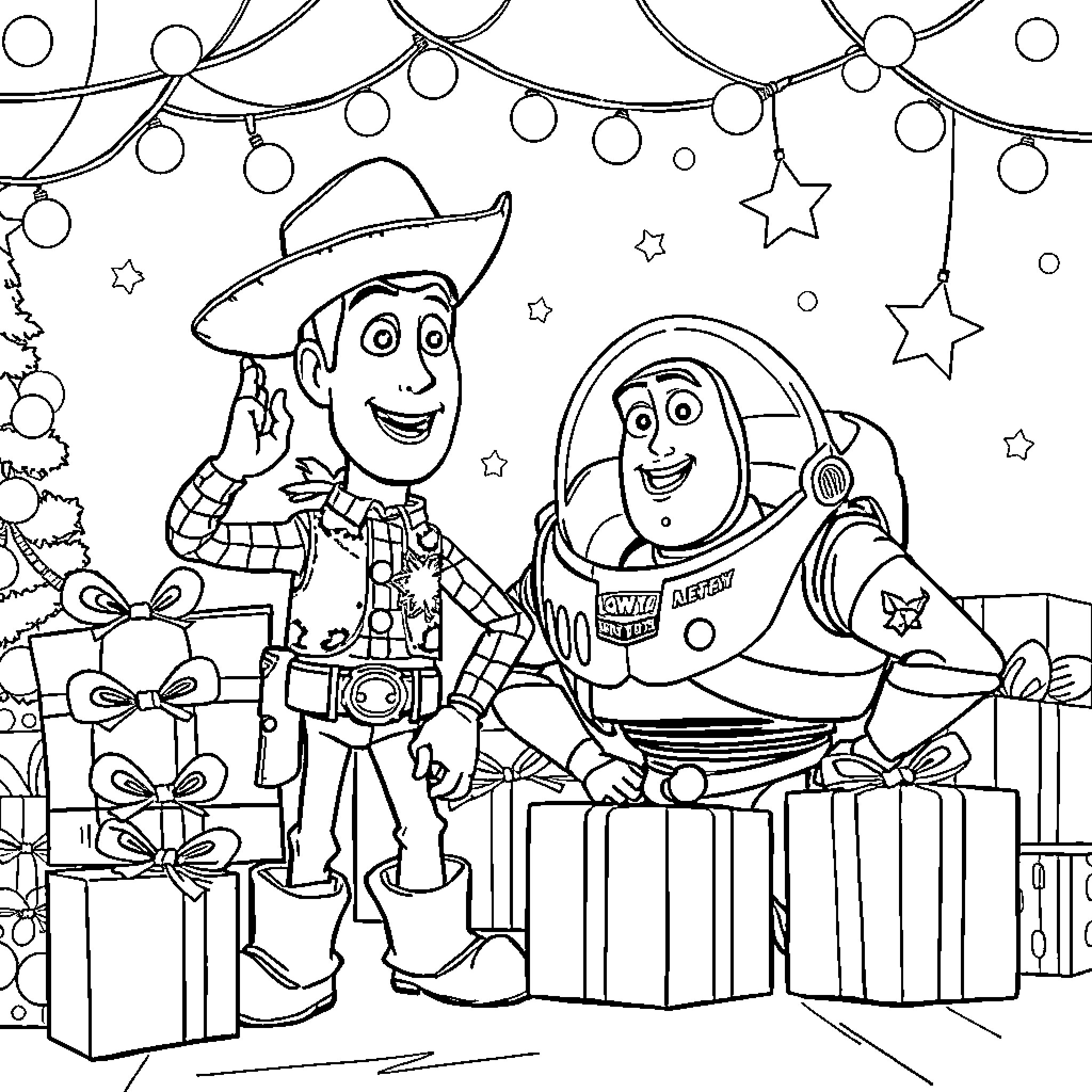 Toy Story Characters Celebrate with Gifts and Decor Coloring Page (free black-and-white line drawing printable PDF for all, from beginners to advanced learners, including children, teens, adults, and seniors)