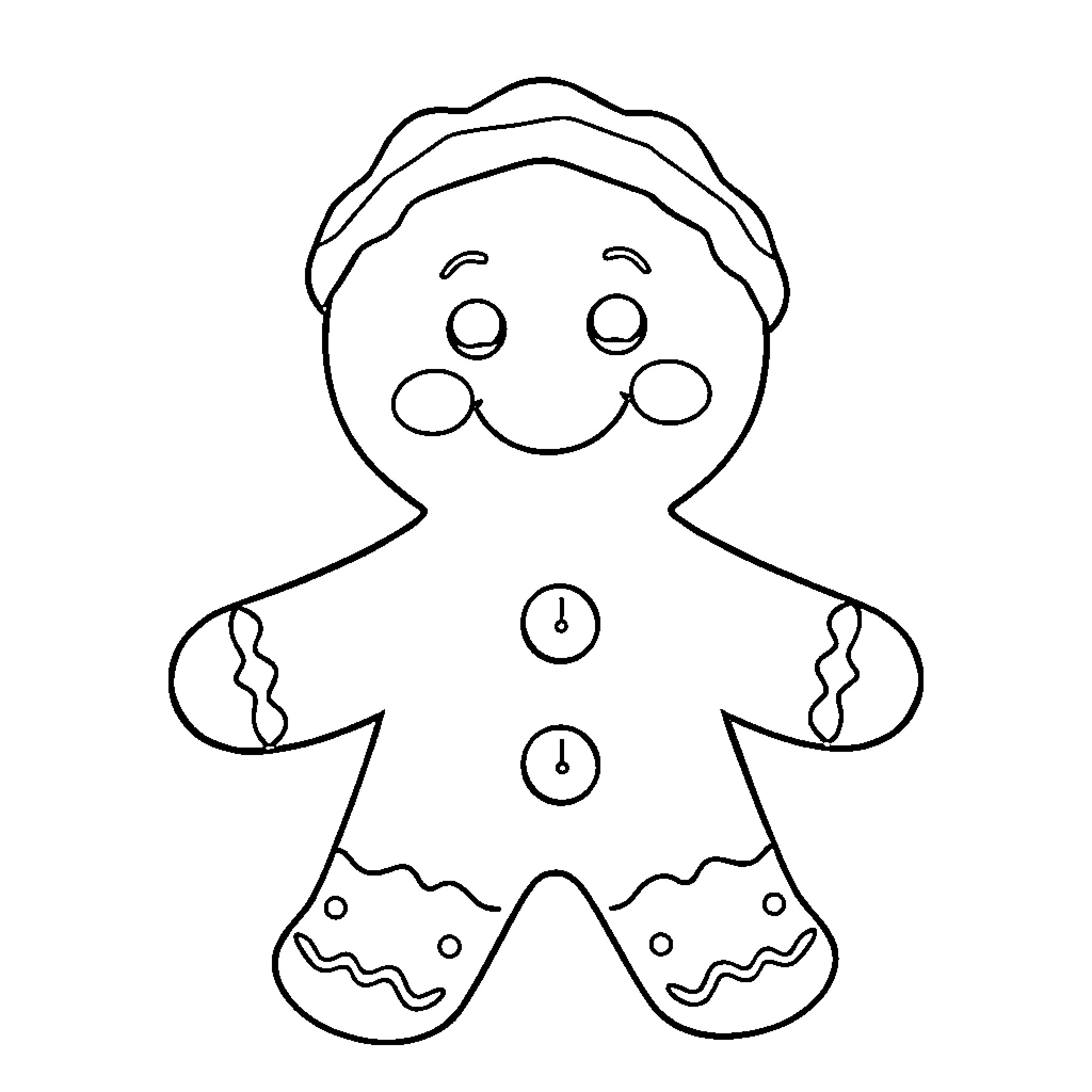 Gingerbreadman with a cheerful expression Coloring Page (free black-and-white line drawing printable PDF for all, from beginners to advanced learners, including children, teens, adults, and seniors)