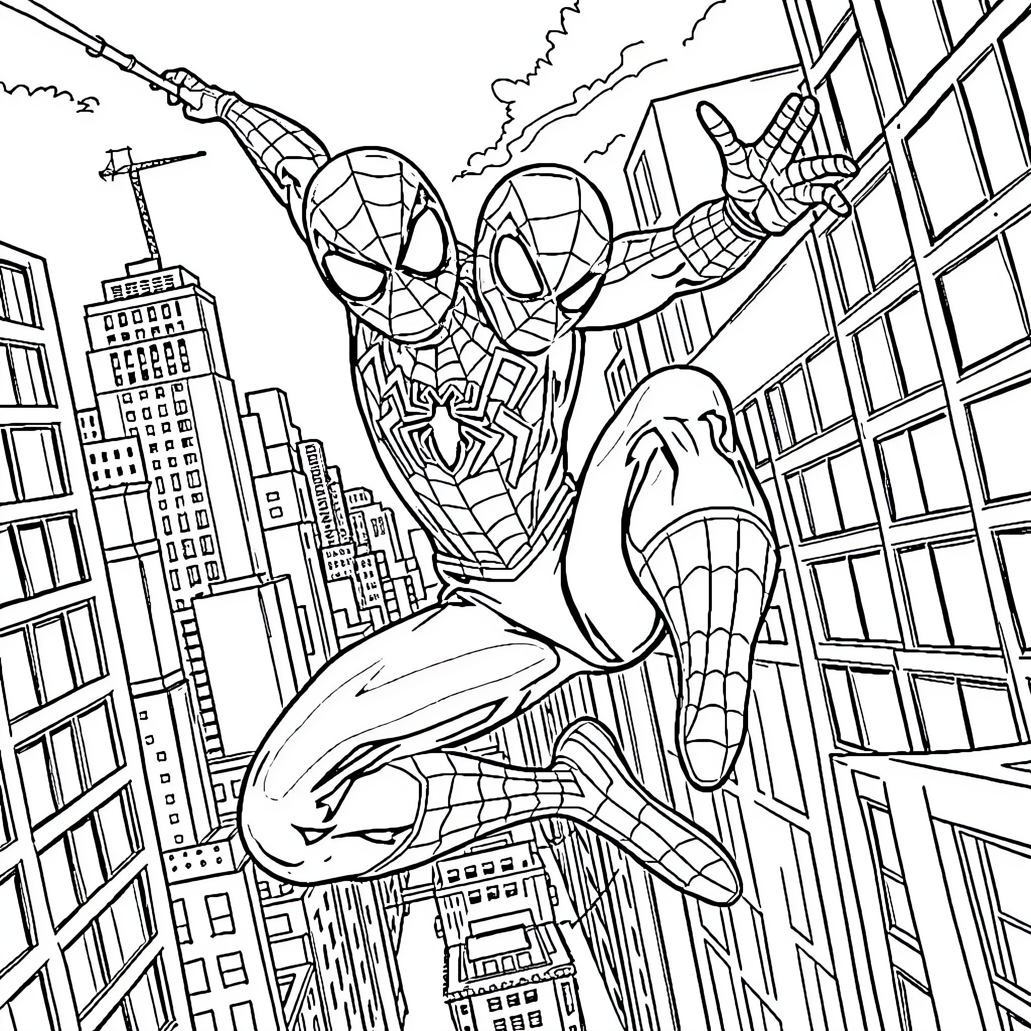Spider-Man swinging through the city skyline Coloring Page (free black-and-white line drawing printable PDF for all, from beginners to advanced learners, including children, teens, adults, and seniors)