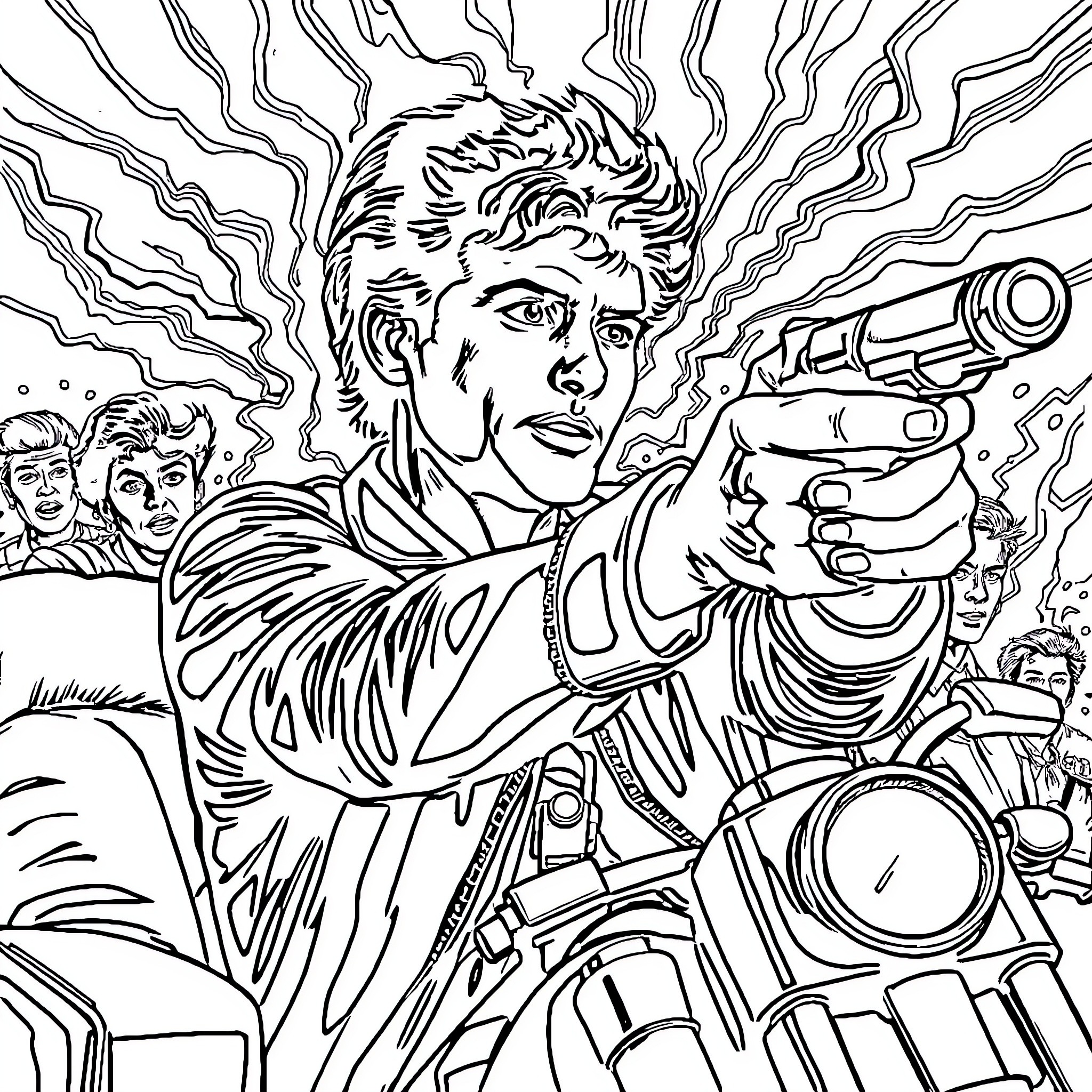 Bonnie Blue: Action-Packed Sci-Fi Illustration Coloring Page (free black-and-white line drawing printable PDF for all, from beginners to advanced learners, including children, teens, adults, and seniors)