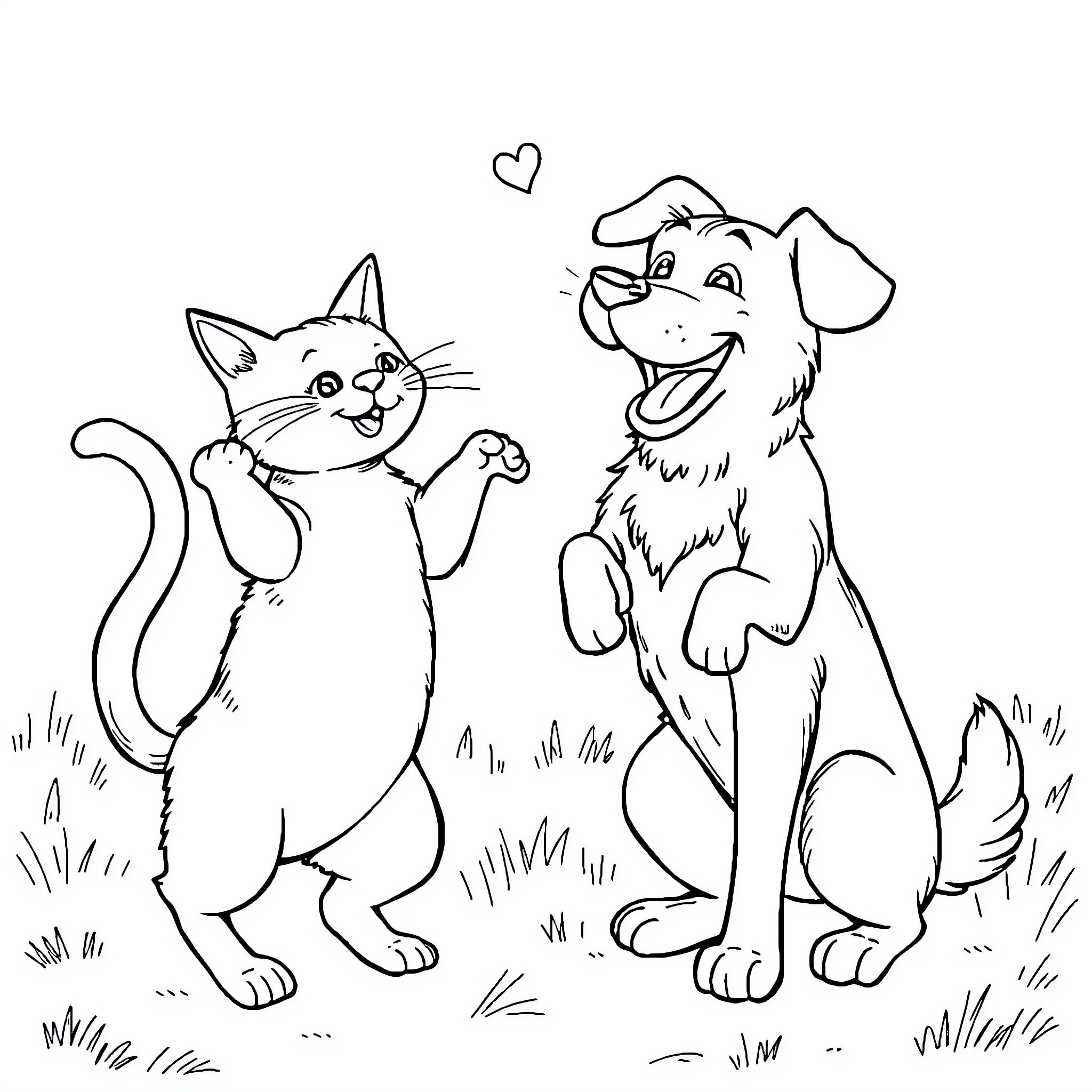 Cat and dog playing together happily Coloring Page (free black-and-white line drawing printable PDF for all, from beginners to advanced learners, including children, teens, adults, and seniors)