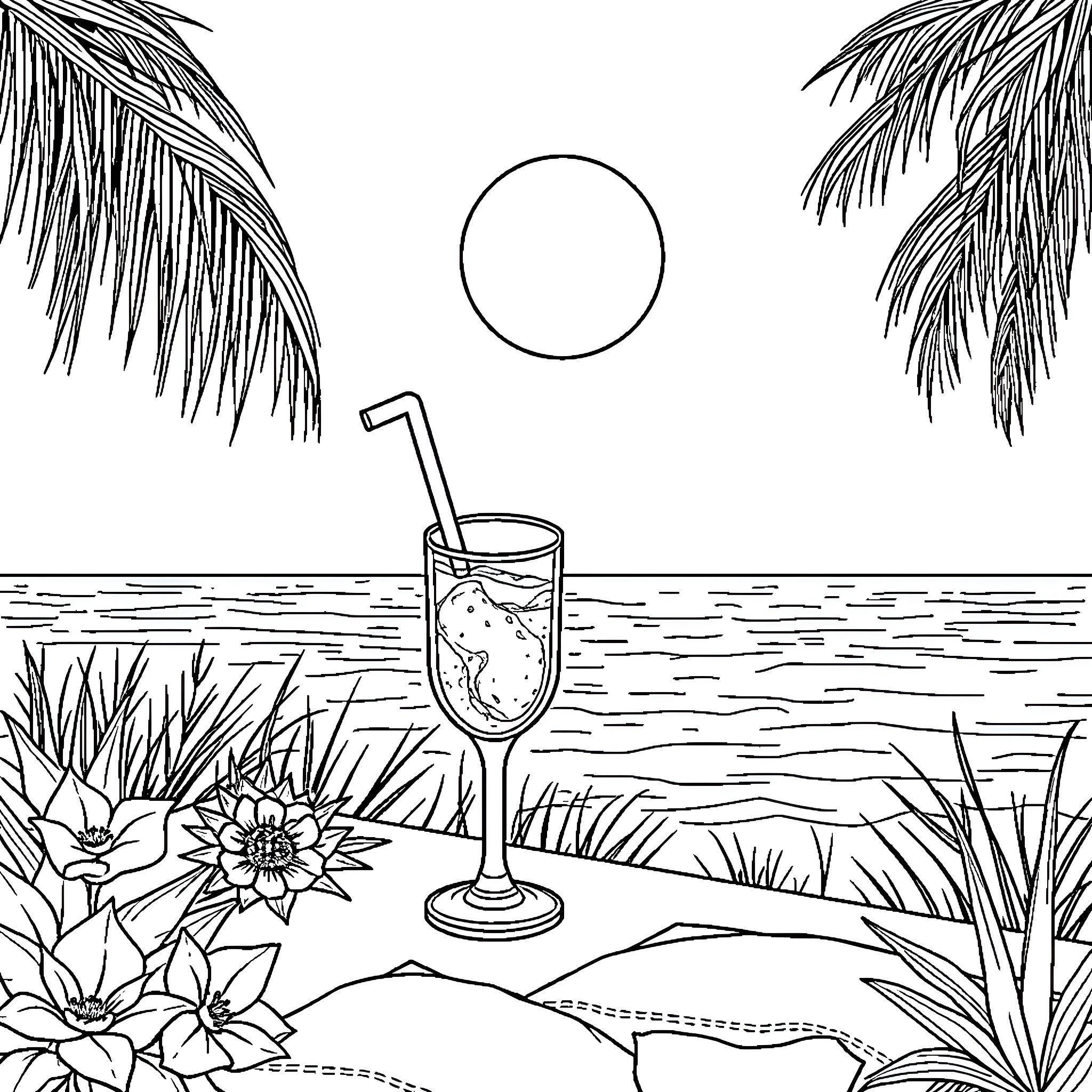 Sun setting over tropical beach with palm fronds Coloring Page (free black-and-white line drawing printable PDF for all, from beginners to advanced learners, including children, teens, adults, and seniors)