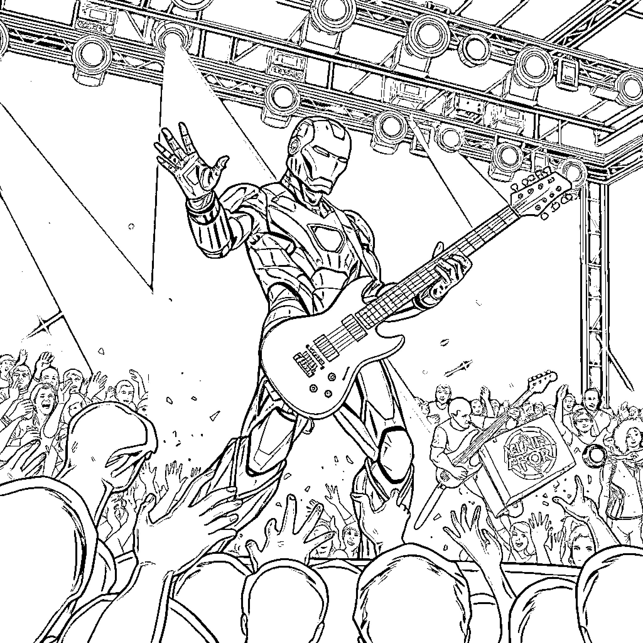 Iron Man rocking out on stage with electric guitar Coloring Page (free black-and-white line drawing printable PDF for all, from beginners to advanced learners, including children, teens, adults, and seniors)