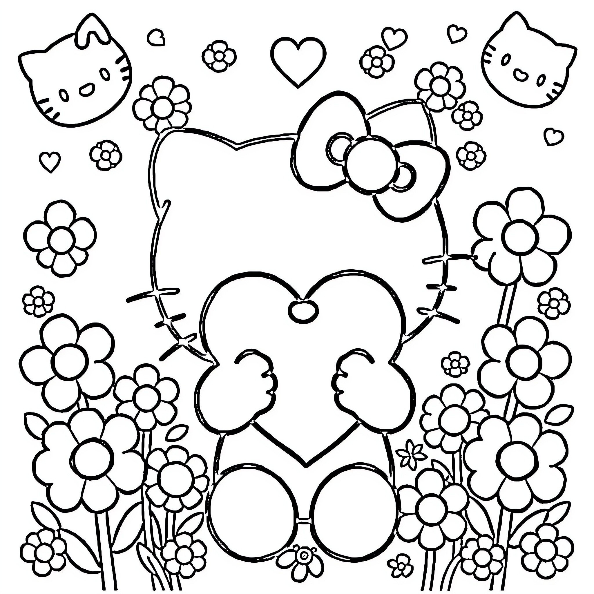 Hello Kitty surrounded by lovely flowers Coloring Page (free black-and-white line drawing printable PDF for all, from beginners to advanced learners, including children, teens, adults, and seniors)