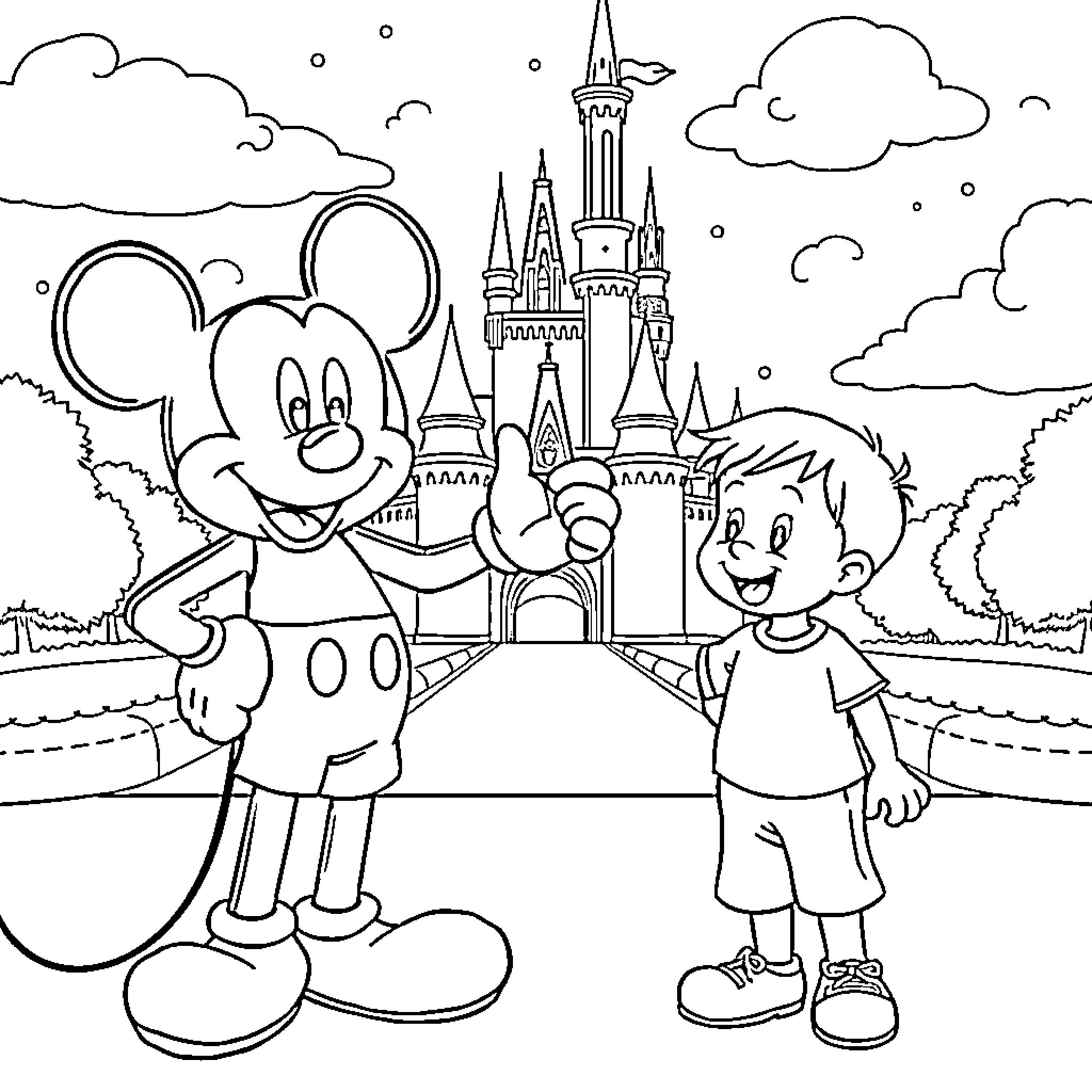 Mickey Mouse and Child at Magical Castle Coloring Page (free black-and-white line drawing printable PDF for all, from beginners to advanced learners, including children, teens, adults, and seniors)