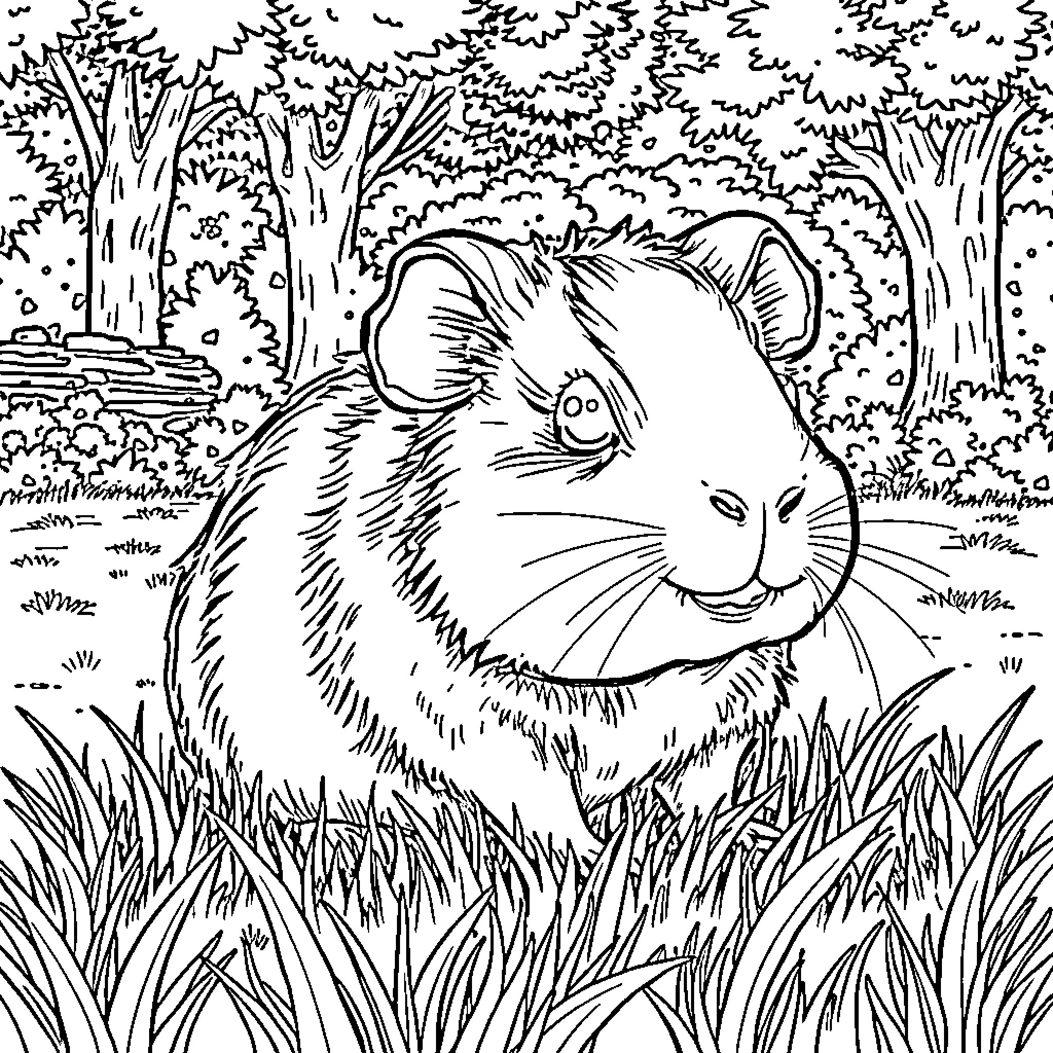 Guinea Pig Exploring the Lush Forest Landscape Coloring Page (free black-and-white line drawing printable PDF for all, from beginners to advanced learners, including children, teens, adults, and seniors)