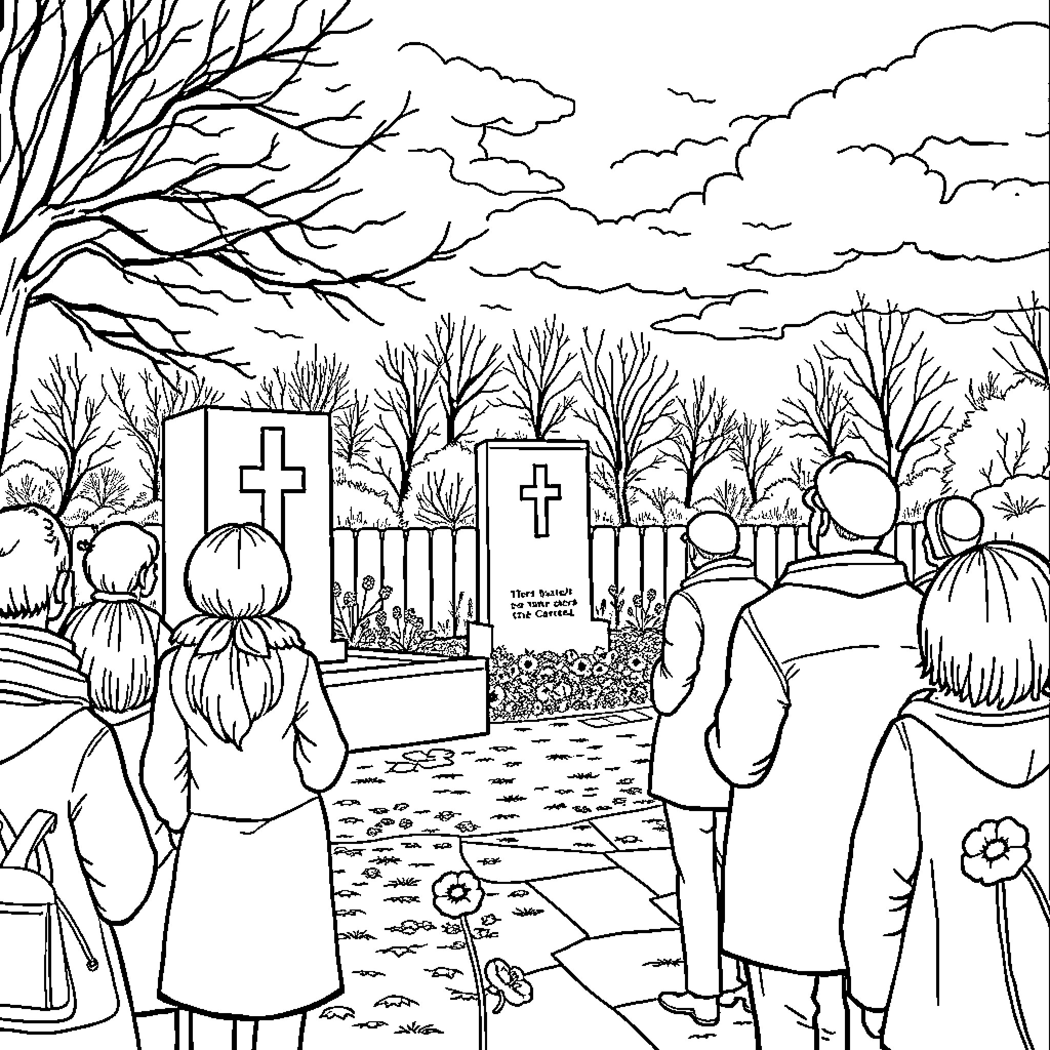 Remembrance Day Gathering at Gravesite Coloring Page (free black-and-white line drawing printable PDF for all, from beginners to advanced learners, including children, teens, adults, and seniors)